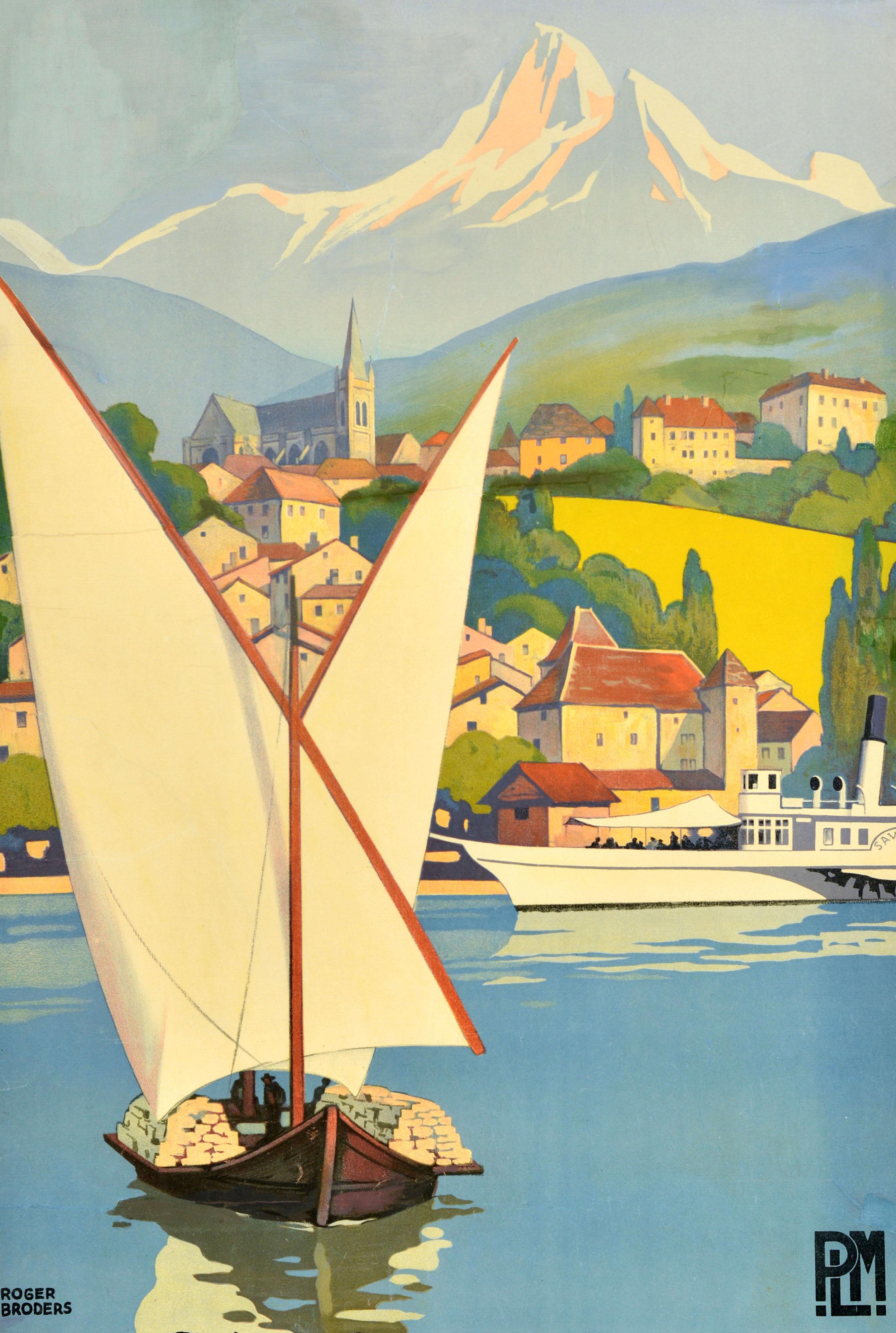 Original vintage PLM travel poster for Thonon Les Bains ses eaux, le lac, la montagne / its waters, the lake, the mountain featuring a stunning art deco design by the notable French artist Roger Broders (1883-1953) depicting a sailing boat in full