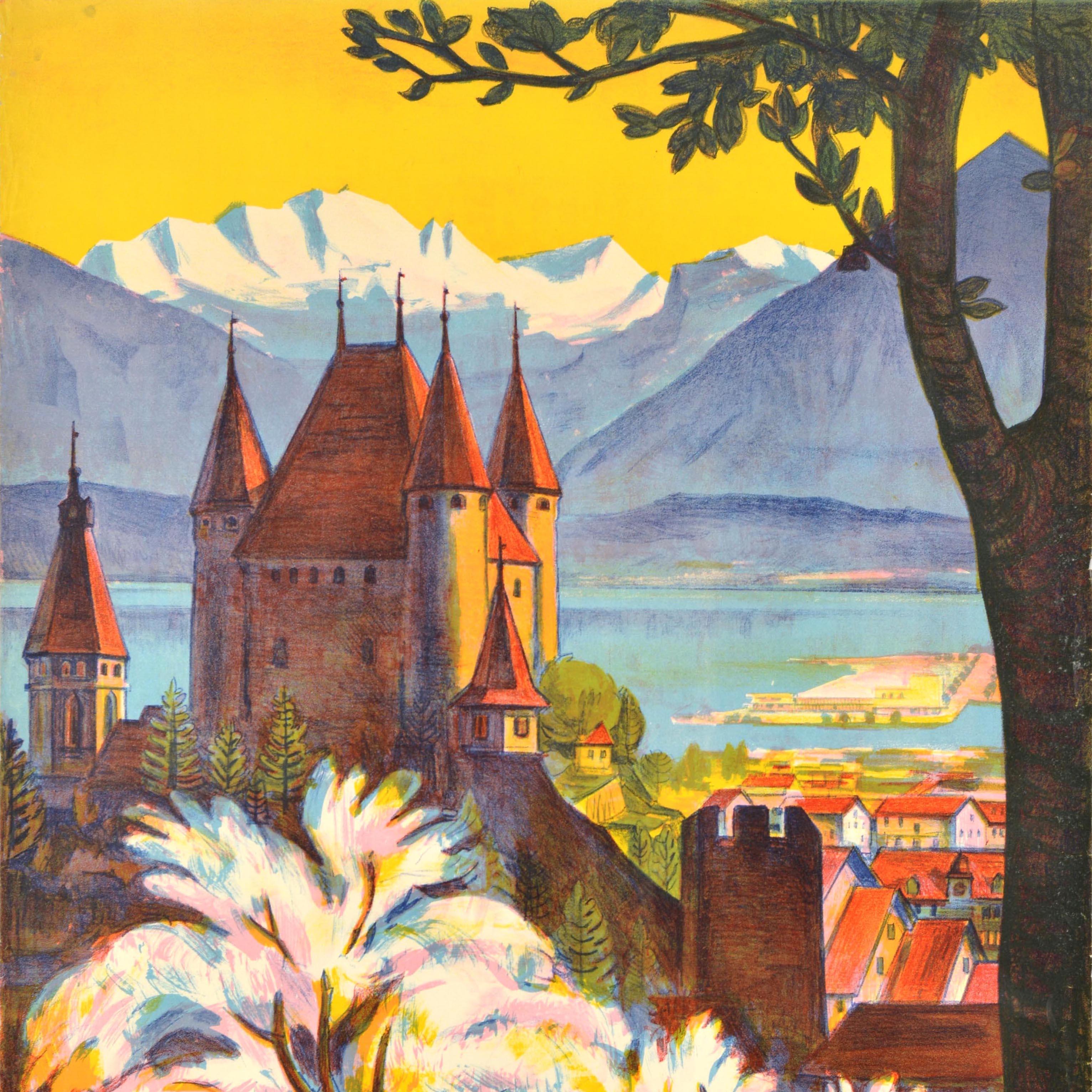 Swiss Original Vintage Travel Poster Thun Strandbad Bernese Oberland Switzerland Art For Sale