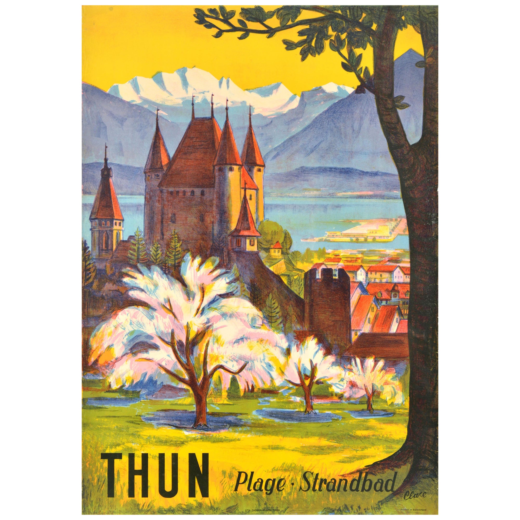 Poster di viaggio originale d'epoca Thun Strandbad Oberland bernese Svizzera Art of Vintage