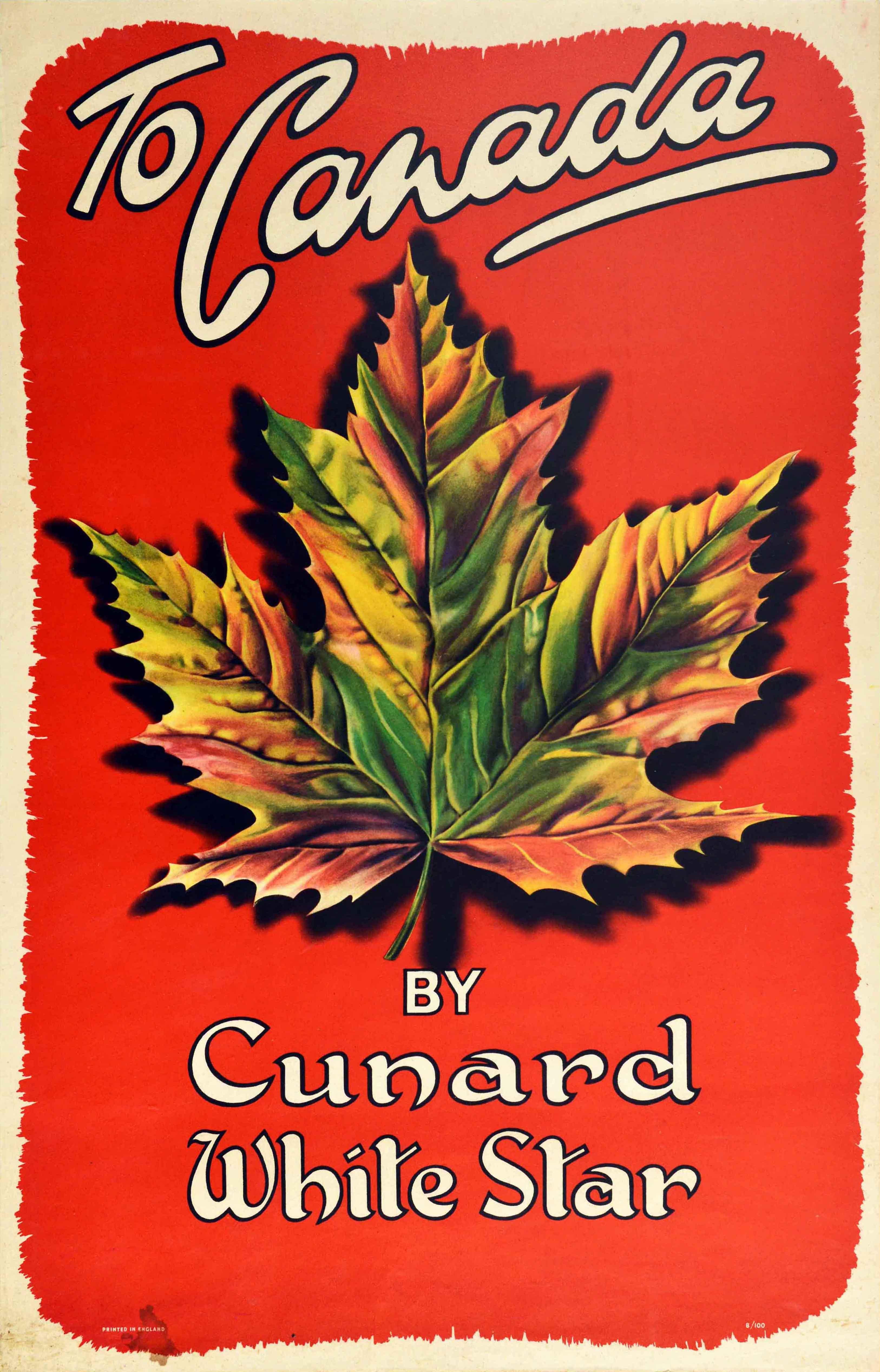 Original vintage cruise liner travel poster - To Canada by Cunard White Star - featuring an illustration of a Canadian maple leaf changing colours from green to red, orange and yellow, set over a red background with the white stylised lettering