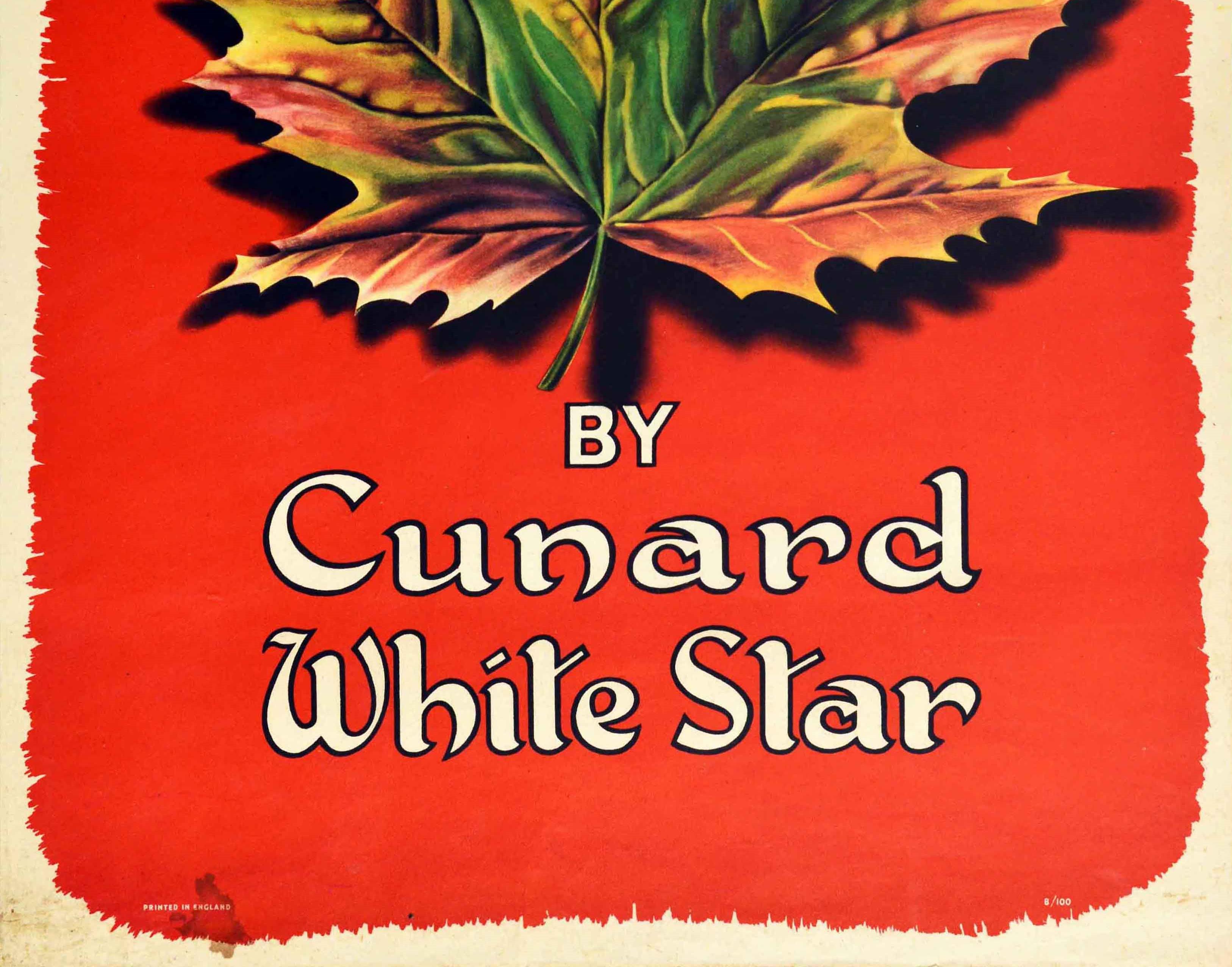 British Original Vintage Travel Poster To Canada By Cunard White Star Maple Leaf Design