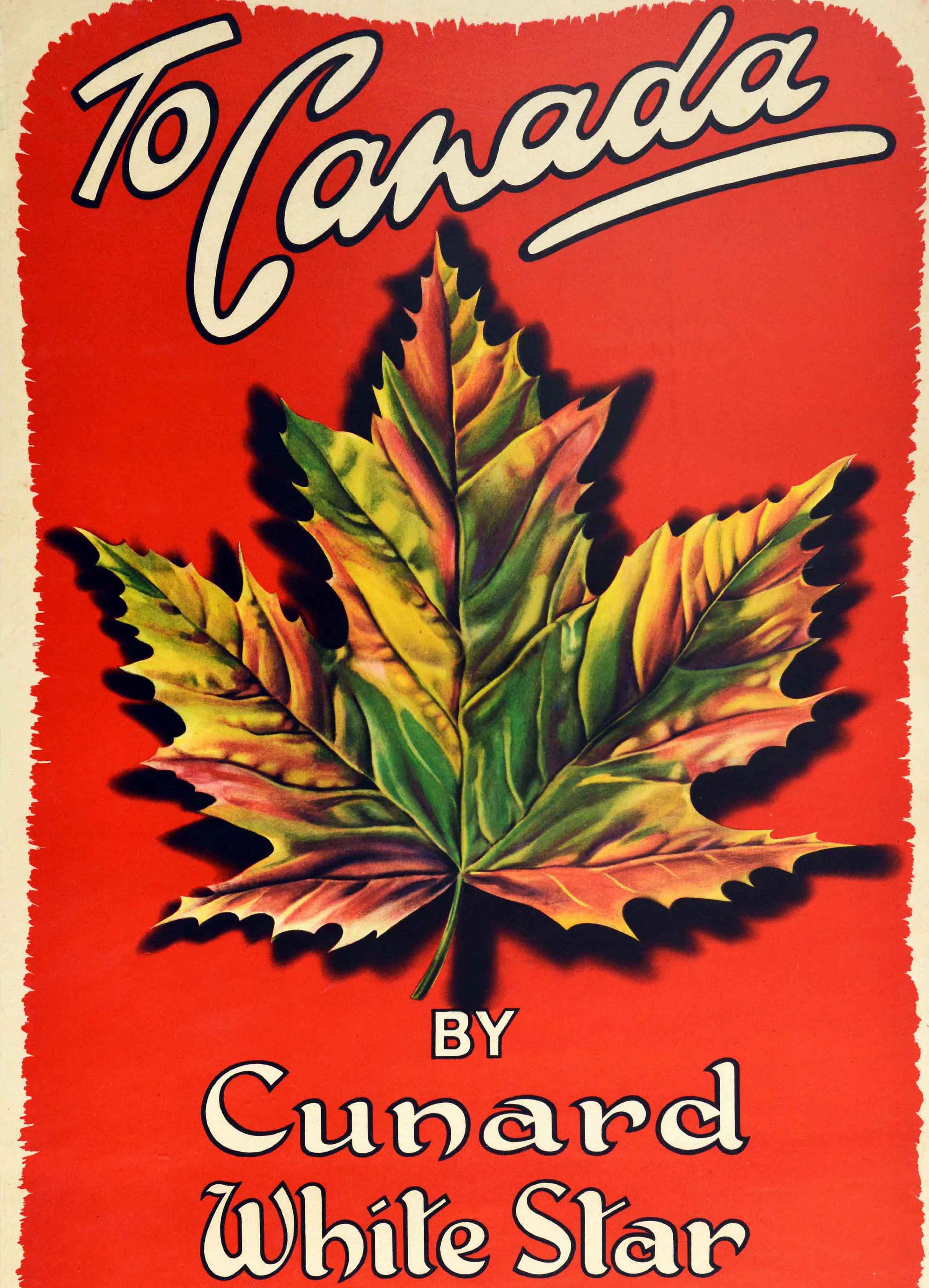 Original Vintage Travel Poster To Canada By Cunard White Star Maple Leaf Design In Good Condition In London, GB