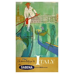 Affiche de voyage vintage originale de voyage en Italie Via Sabena Airlines, Gondole du canal de Venise
