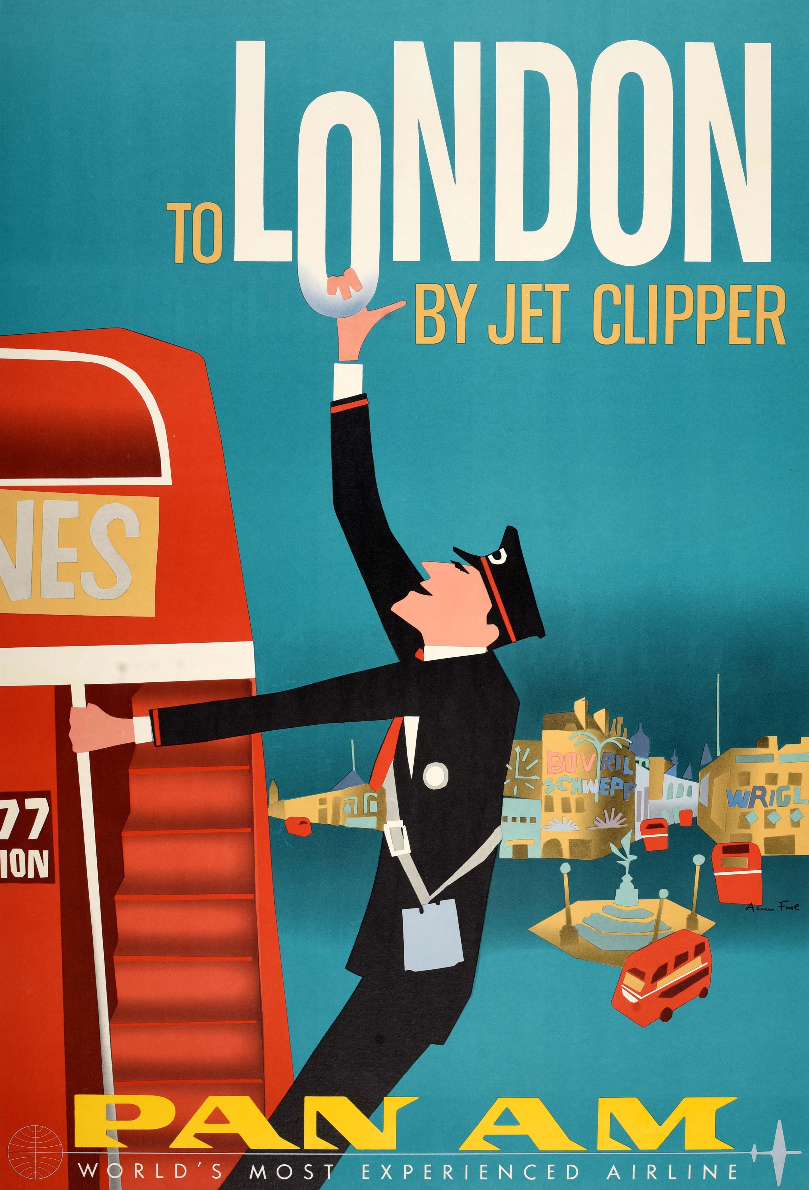 Original Vintage Pan American Airways Reiseplakat - To London by Jet Clipper Pan Am World's Most Experienced Airline - mit einem fantastischen Midcentury Modern Design, das einen ikonischen roten Doppeldeckerbus in London zeigt, der sich dem