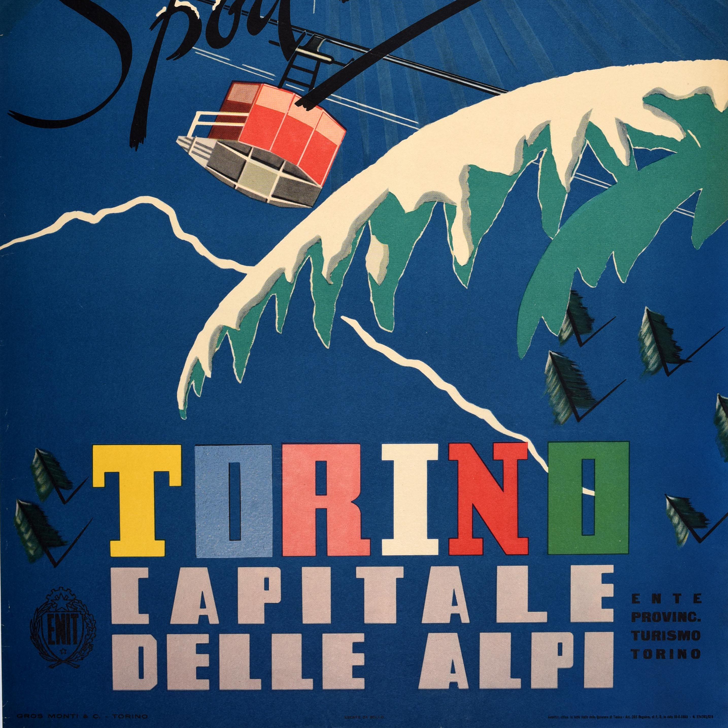 Italian Original Vintage Travel Poster Torino Alps Capital Winter Sport Campagnoli Italy For Sale