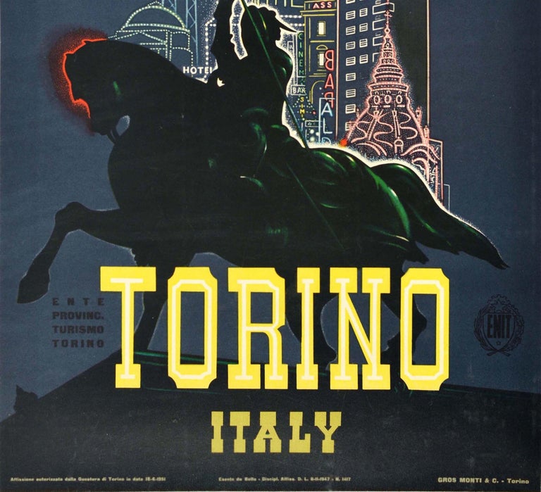 Italian Original Vintage Travel Poster Torino Italy Turin Bronze Horse Piazza San Carlo For Sale