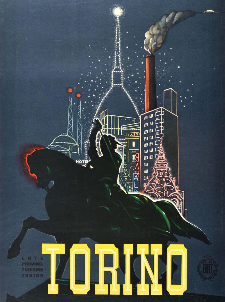 Original Vintage Travel Poster Torino Italy Turin Bronze Horse Piazza San Carlo In Good Condition For Sale In London, GB