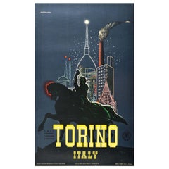 Original Vintage Travel Poster Torino Italy Turin Bronze Horse Piazza San Carlo