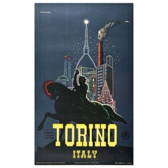 Poster di viaggio originale d'epoca Torino Italia Torino Cavallo di bronzo Piazza San Carlo