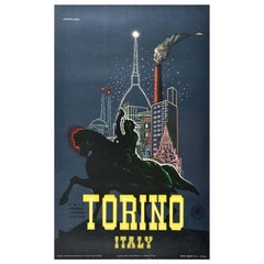 Affiche rétro originale de voyage, Turin, Italie, Cheval en bronze, Piazza San Carlo