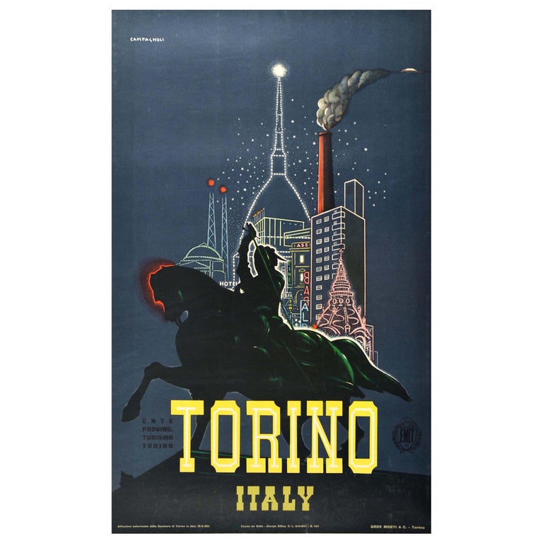 Original Vintage Travel Poster Torino Italy Turin Bronze Horse Piazza San Carlo For Sale