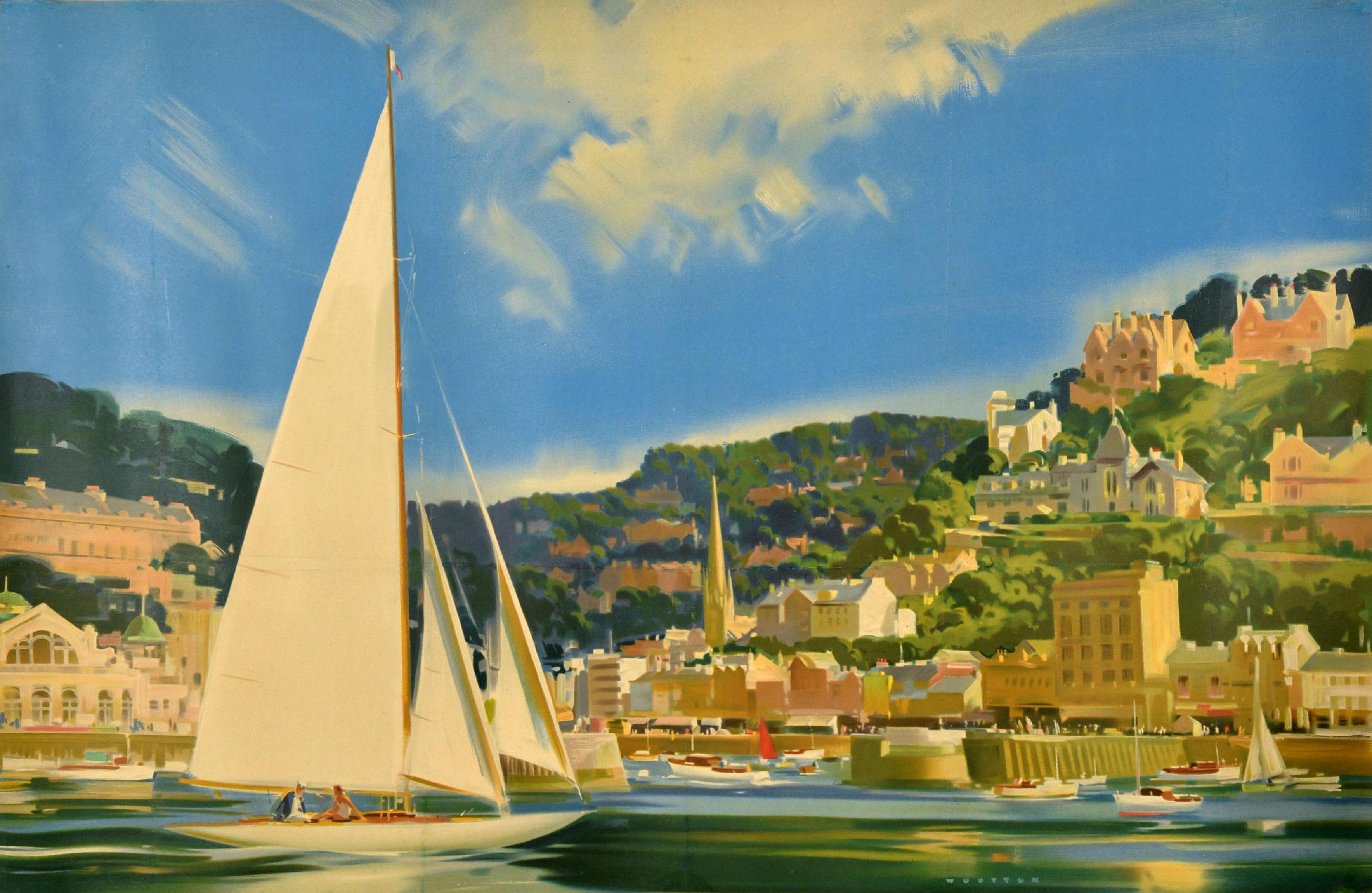 Original vintage British Railways poster for the seaside town of Torquay in Glorious Devon featuring stunning artwork by the notable British painter and illustrator Frank Wootton (1911-1998) depicting a colourful sunny view of people on a sailing