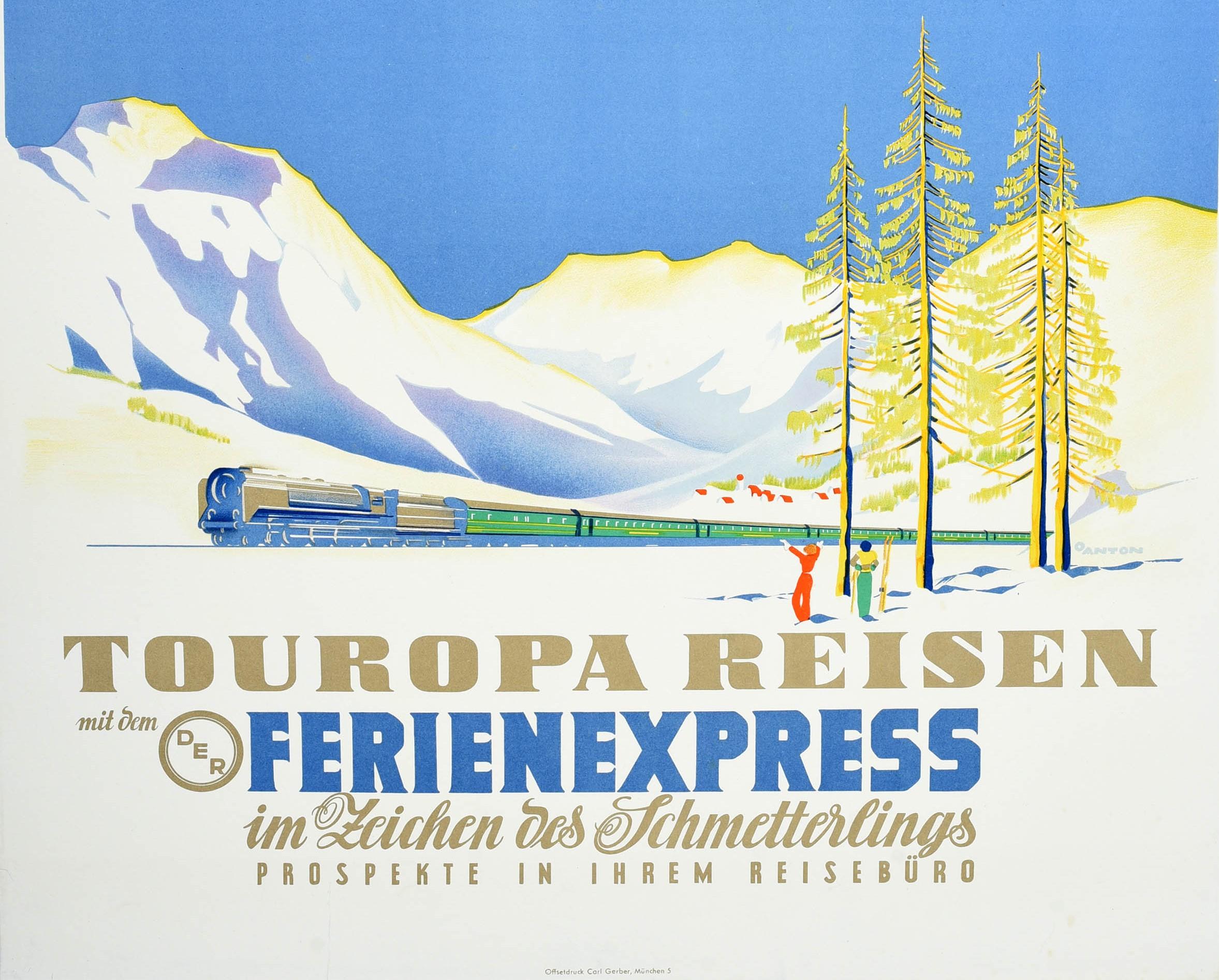 German Original Vintage Travel Poster Touropa Winter Sport Express Train Butterfly Art For Sale