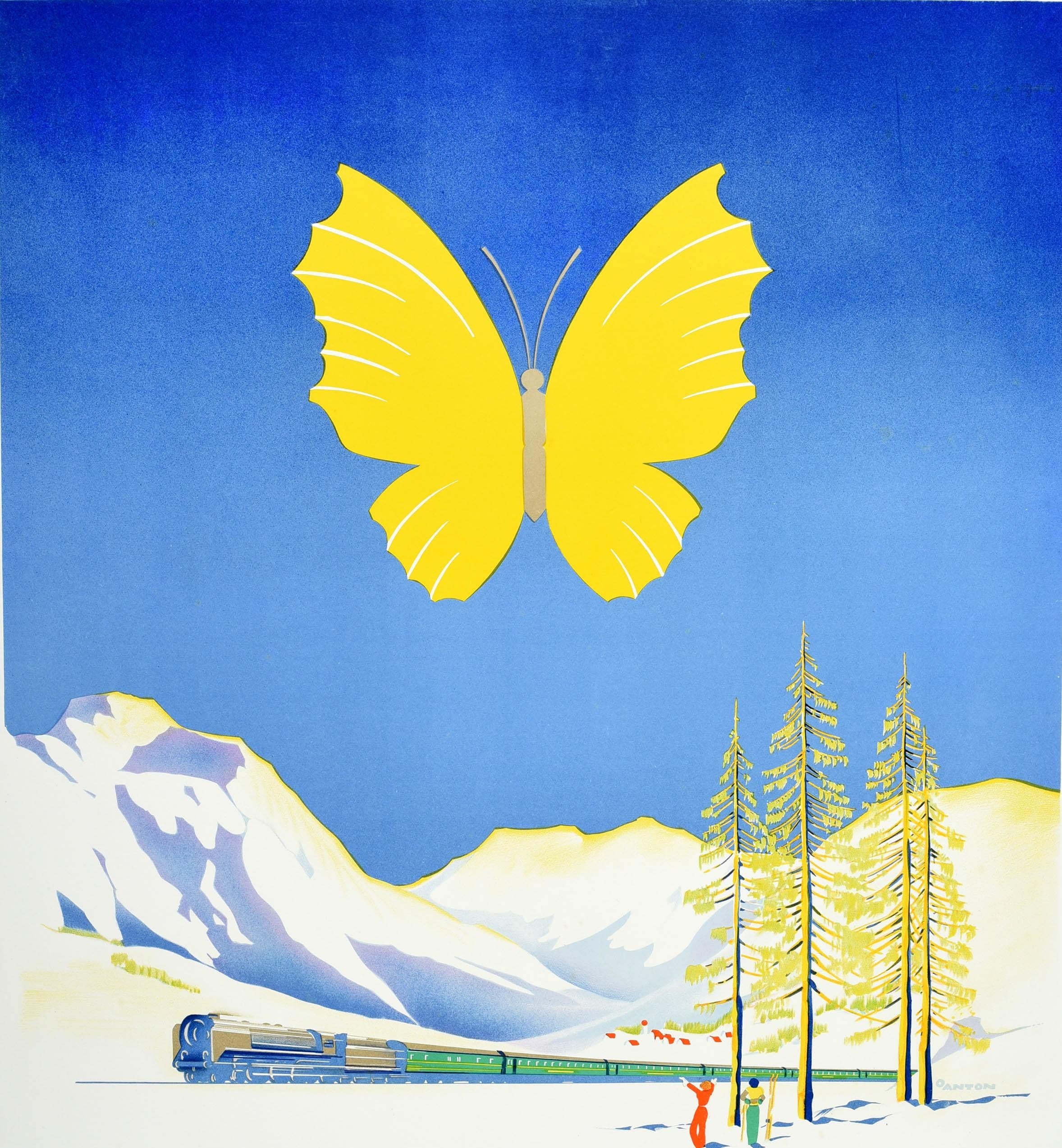 Original Vintage Travel Poster Touropa Winter Sport Express Train Butterfly Art In Good Condition For Sale In London, GB