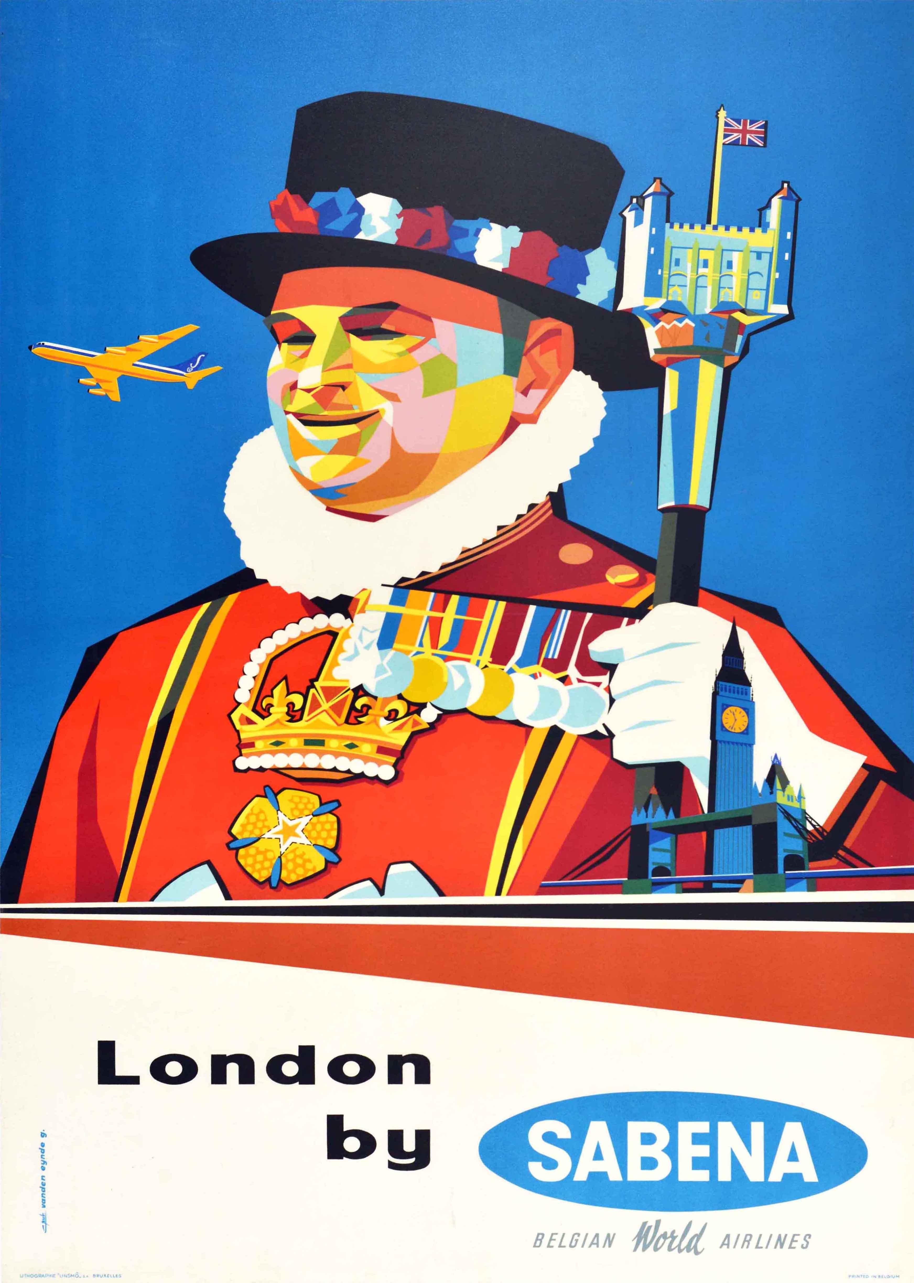 Original vintage travel advertising poster for London by Sabena Belgian Airlines featuring a fantastic and colourful mid-century modern design depicting a Beefeater / Yeoman Warder holding a stick with the Tower of London and Union Jack flag flying