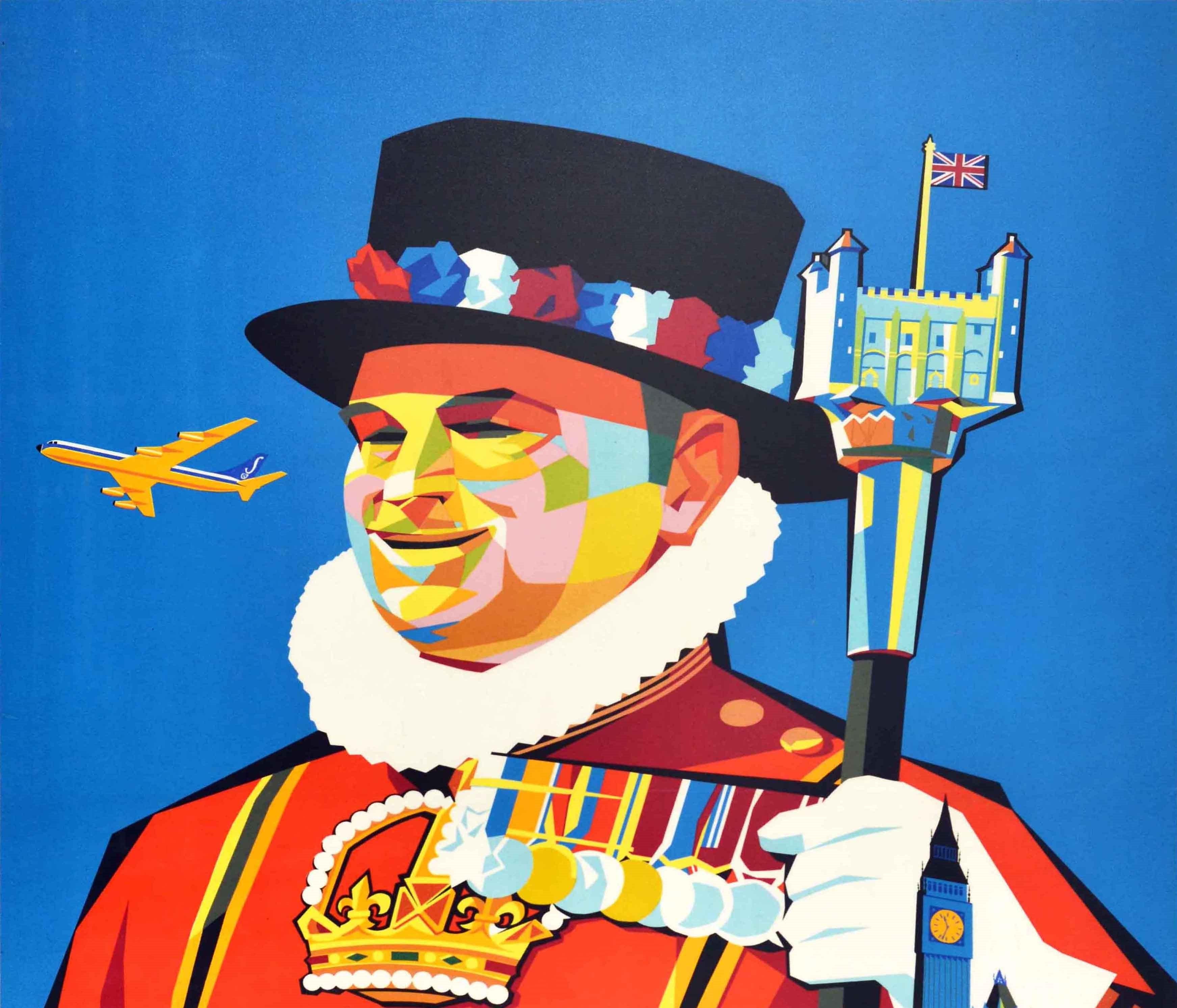 Mid-Century Modern Affiche de voyage originale de la tour de Londres Sabena Airlines, design du milieu du siècle dernier en vente