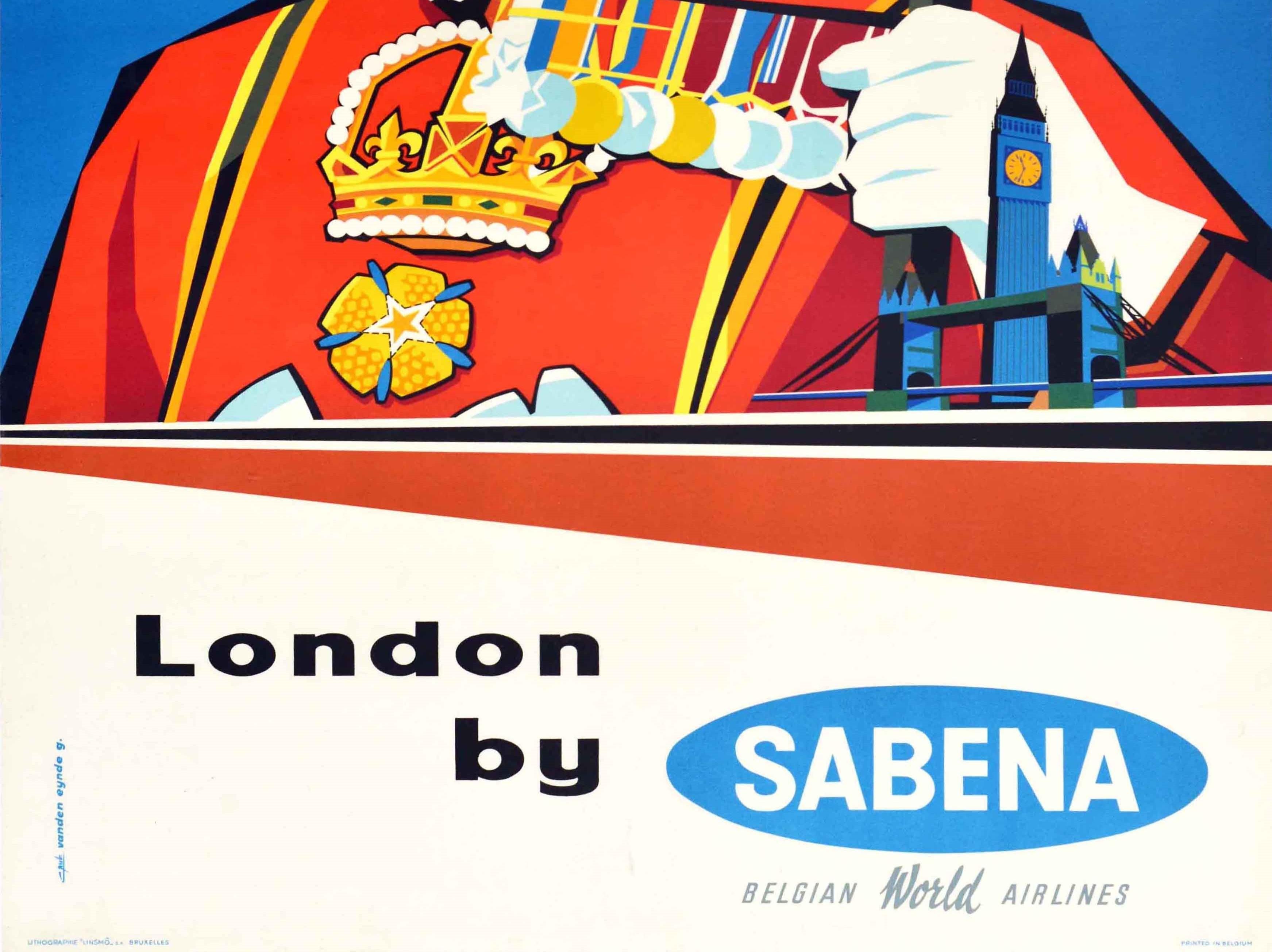 Belge Affiche de voyage originale de la tour de Londres Sabena Airlines, design du milieu du siècle dernier en vente
