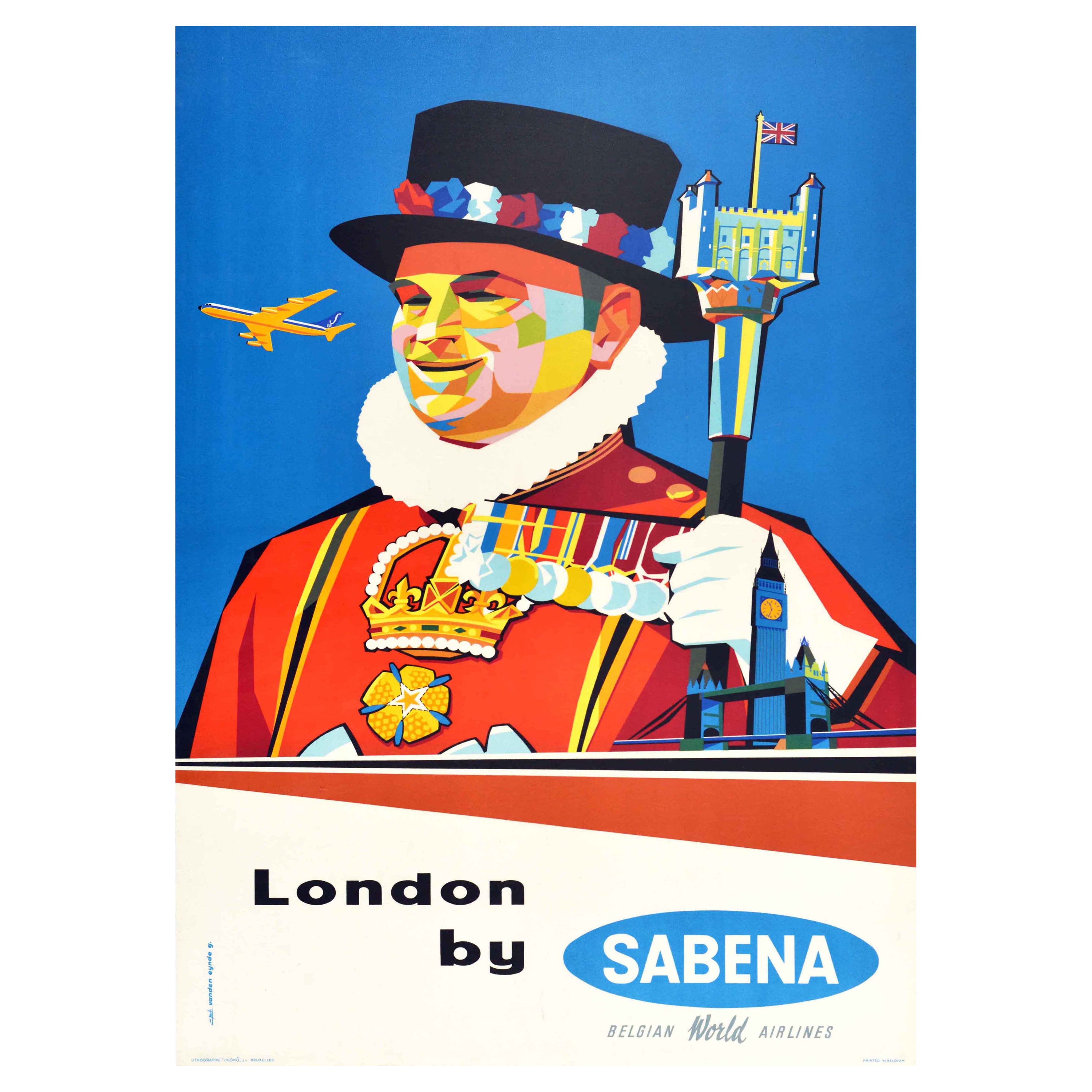 Affiche de voyage originale de la tour de Londres Sabena Airlines, design du milieu du siècle dernier