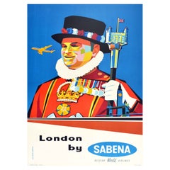 Affiche de voyage originale de la tour de Londres Sabena Airlines, design du milieu du siècle dernier