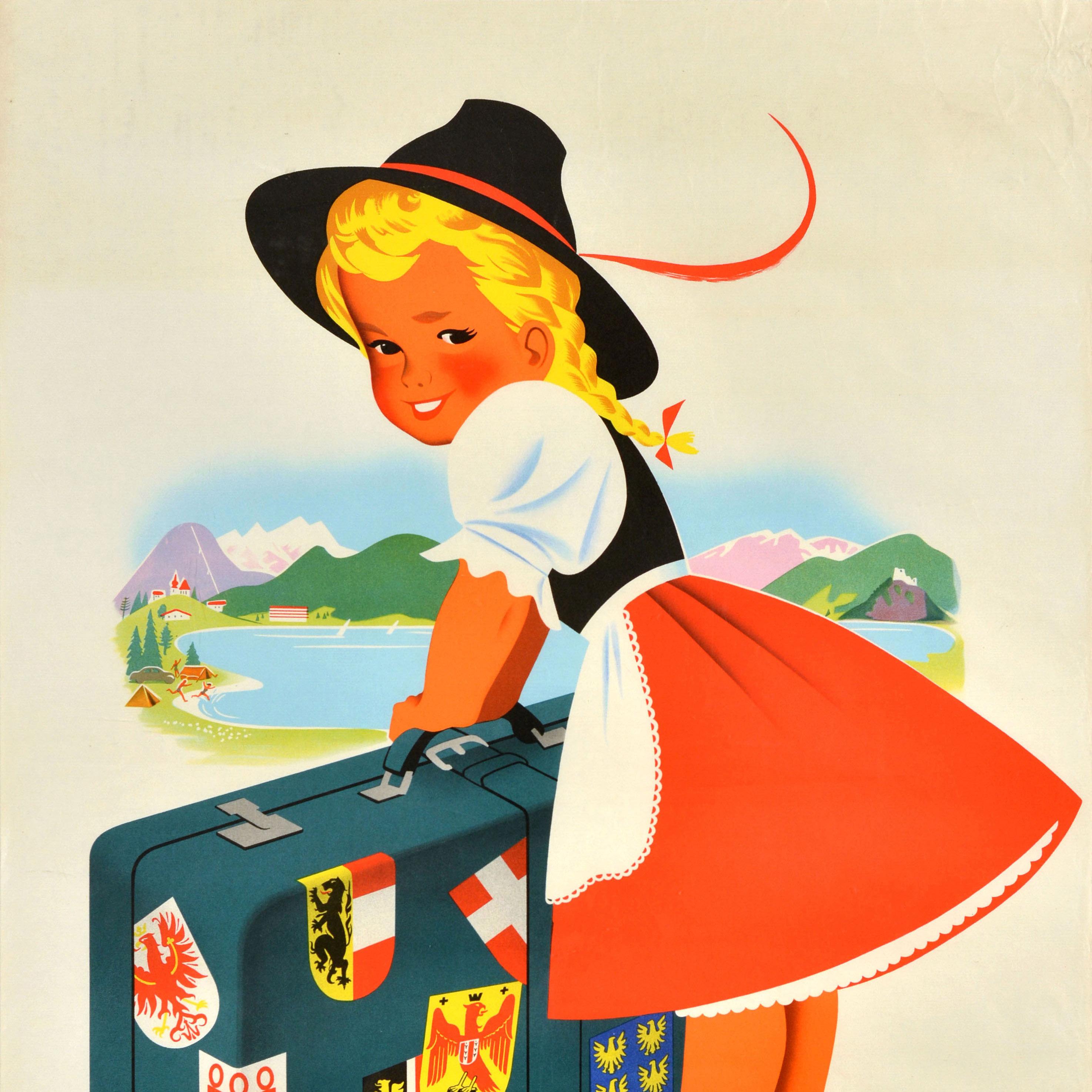 Original-Vintage-Reiseplakat „Reiseplakat Reisen in Österreich“, Koffer, Mädchen, Atelier Hofmann (Österreichisch) im Angebot
