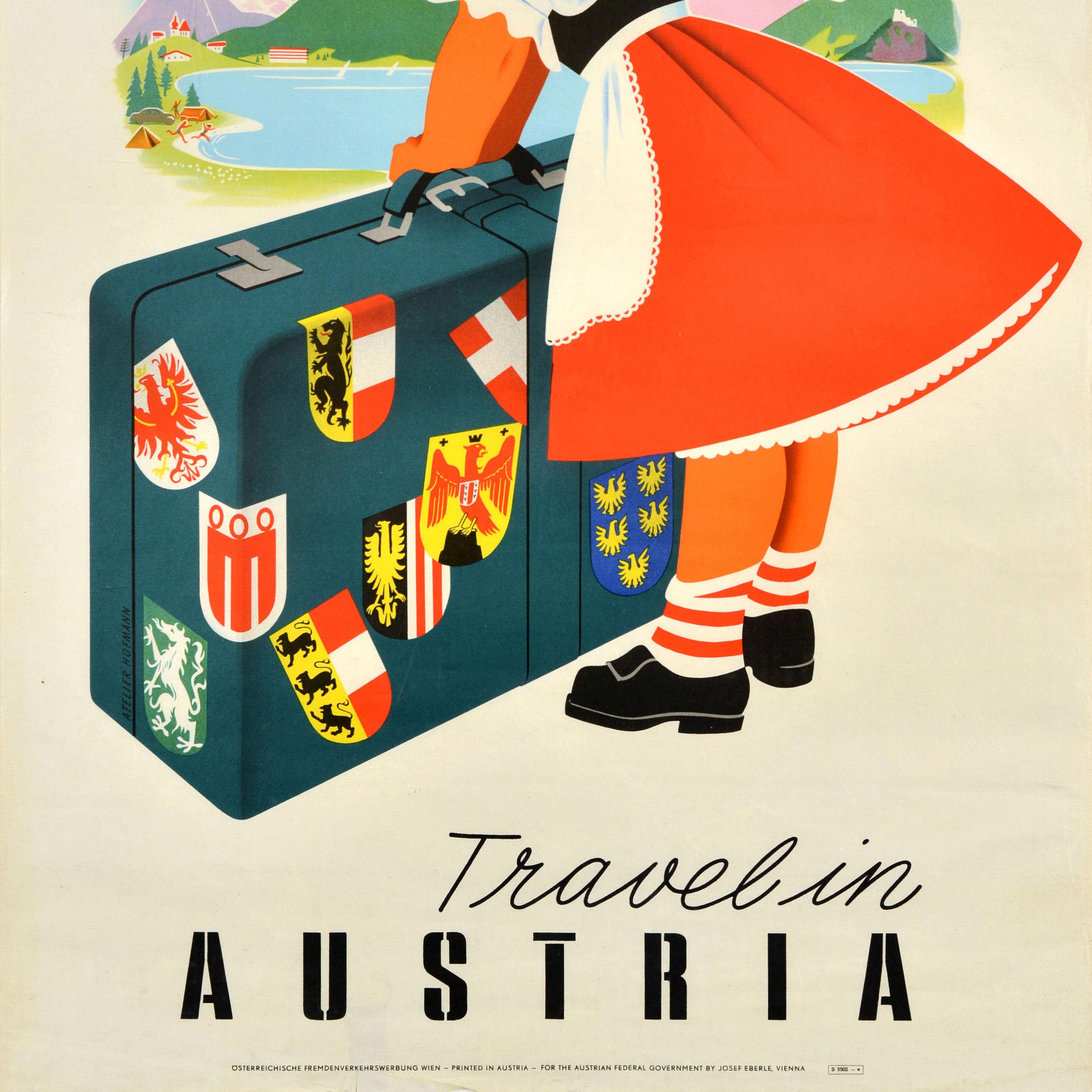 Original-Vintage-Reiseplakat „Reiseplakat Reisen in Österreich“, Koffer, Mädchen, Atelier Hofmann im Zustand „Gut“ im Angebot in London, GB