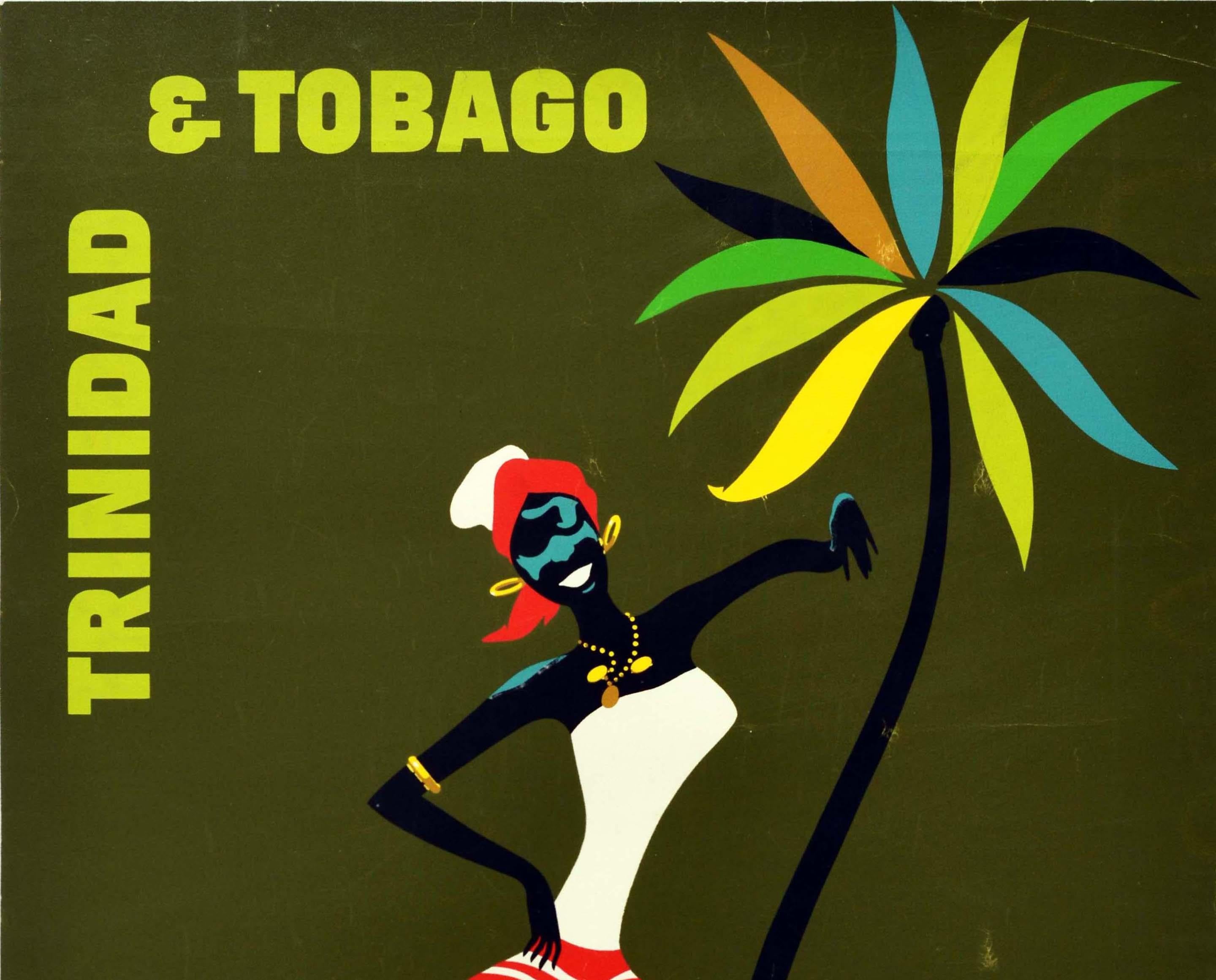 Original vintage travel poster for Trinidad & Tobago featuring great artwork depicting a lady dancing and smiling to the viewer in front of a stylised palm tree against a deep green background, the title text along the top corner and rest of the