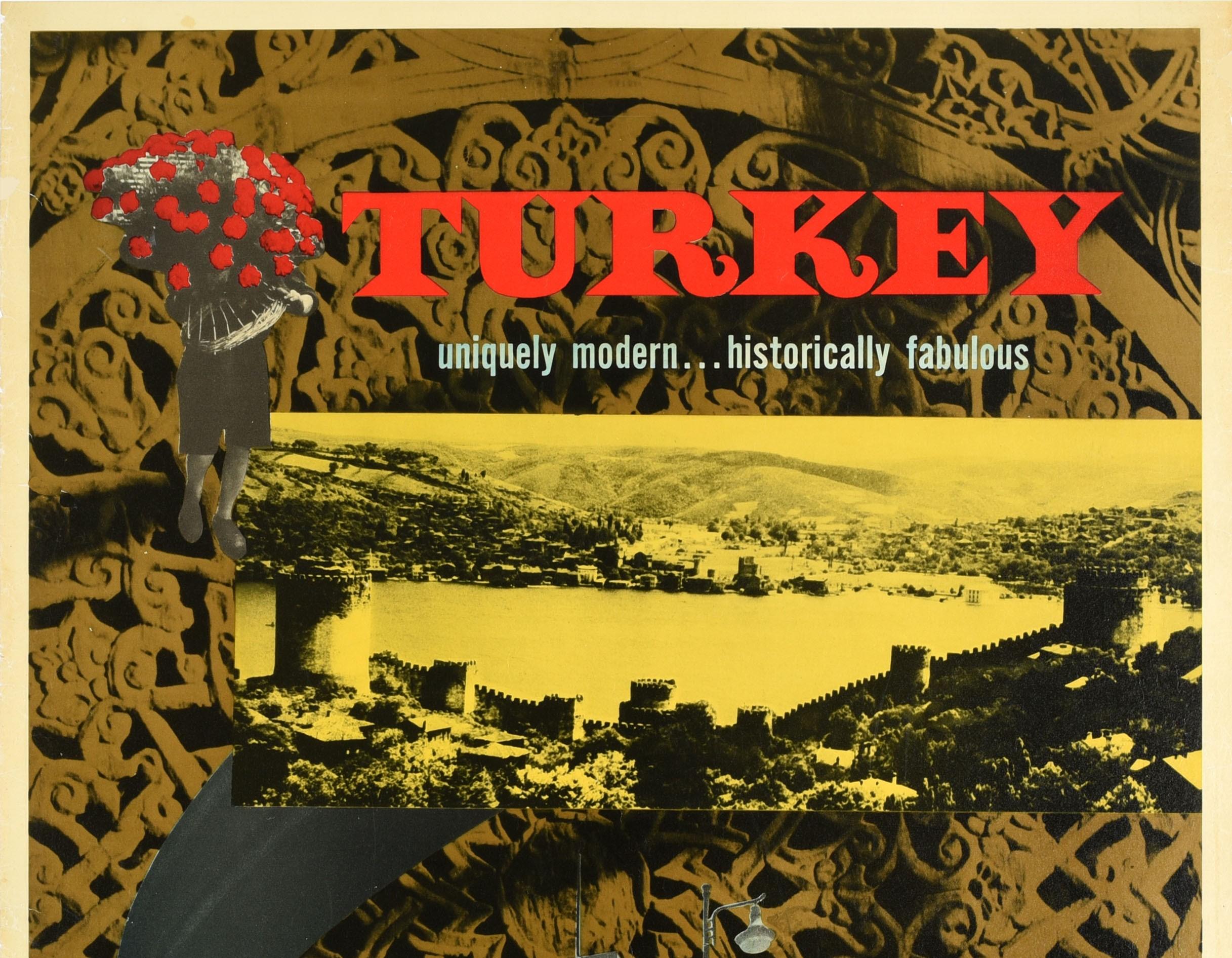 Original vintage travel poster for Turkey uniquely modern historically fabulous featuring a photomontage design depicting an old fortress wall with a view over the water to hills in the distance, a new building, a person carrying a basket of red
