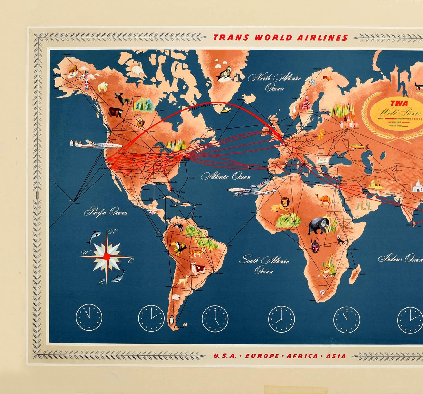 Original vintage travel advertising map poster for TWA / Trans World Airlines USA Europe Africa Asia featuring a pictorial map with the airline routes marked around the world and various places of interest and animals shown from the different