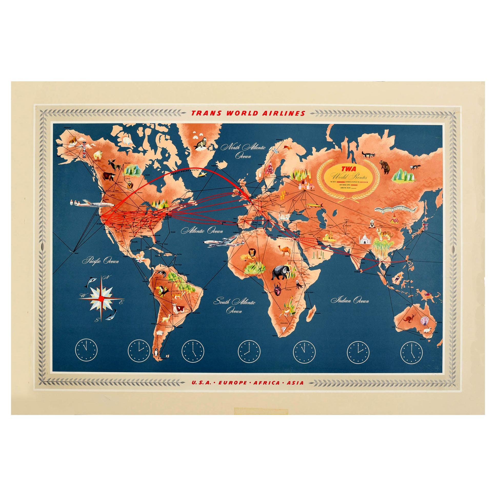 Original Vintage Travel Poster TWA World Routes Pictorial Map Continents Oceans
