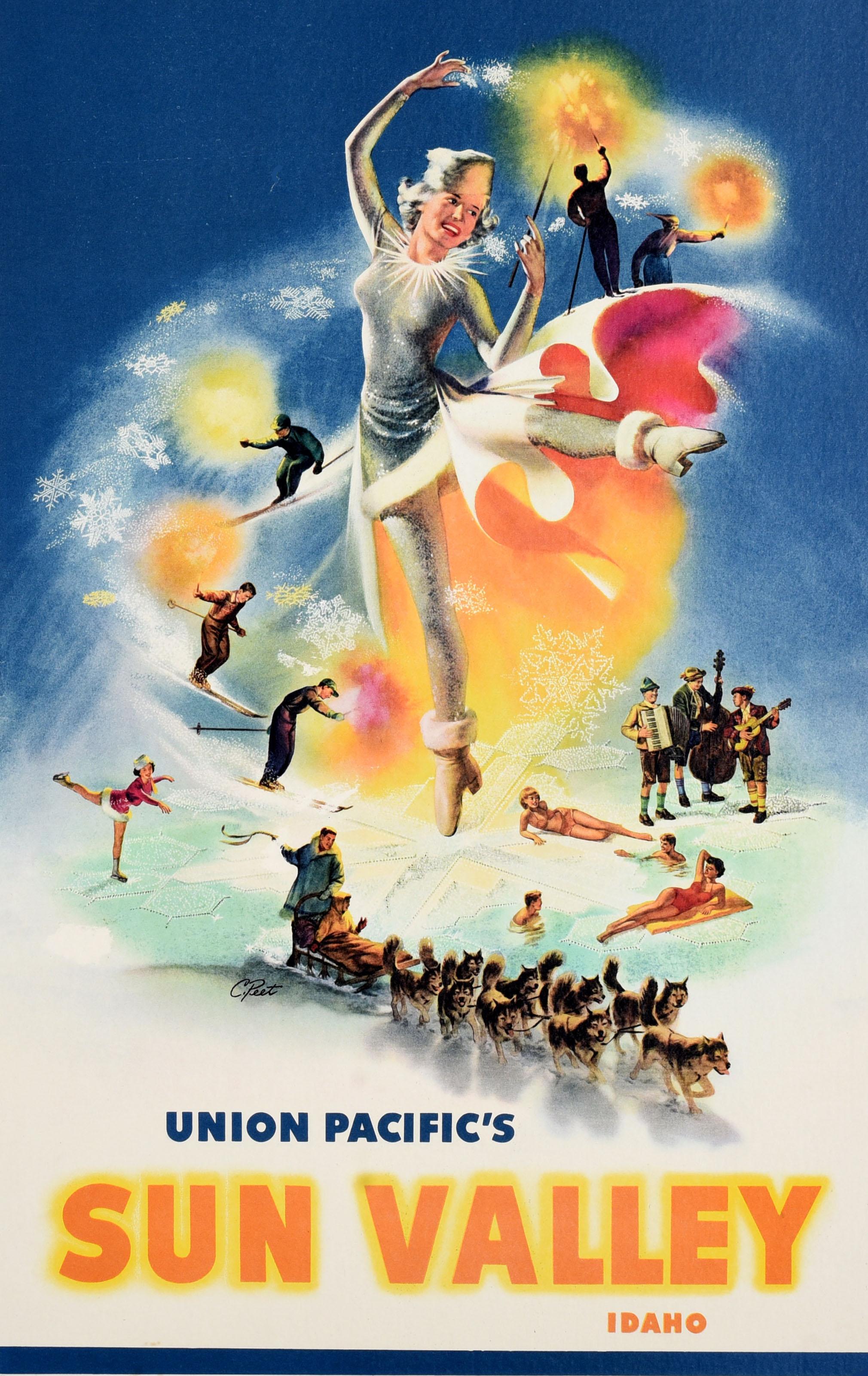 Poster originale d'epoca per gli sport invernali e i viaggi sugli sci - Union Pacific's Sun Valley Idaho - con illustrazioni di una sorridente fanciulla di ghiaccio che indossa un abito scintillante con un cappello di pelliccia e stivali e che danza