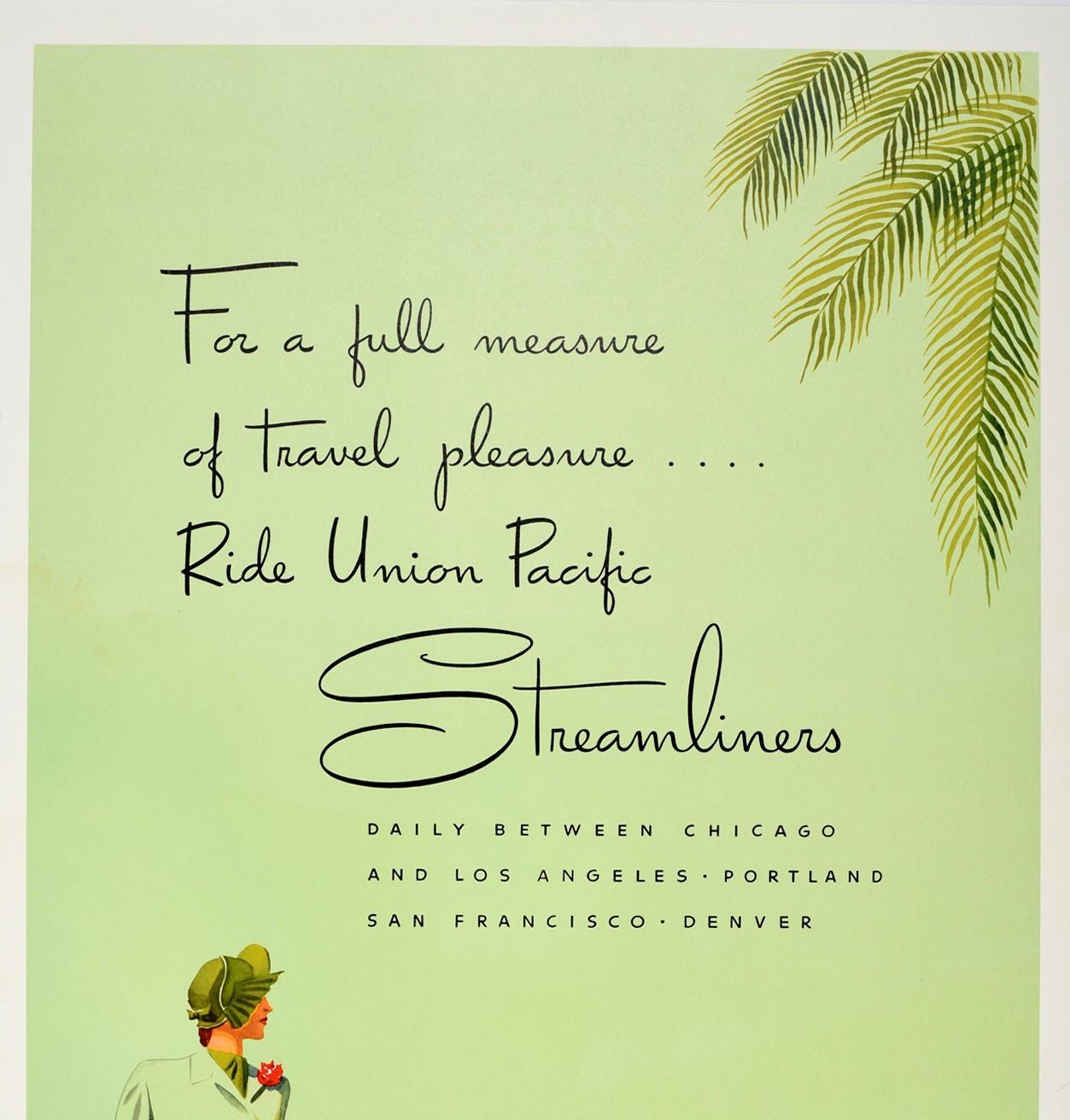 Original vintage travel advertising poster for Union Pacific Streamliners featuring a great design against a pale green background depicting smartly dressed people walking towards the viewer from a large Art Deco style yellow train locomotive with a