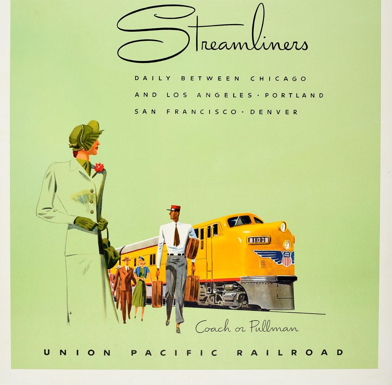 Art Deco Original Vintage Travel Poster Union Pacific Streamliners Coach Pullman Railroad