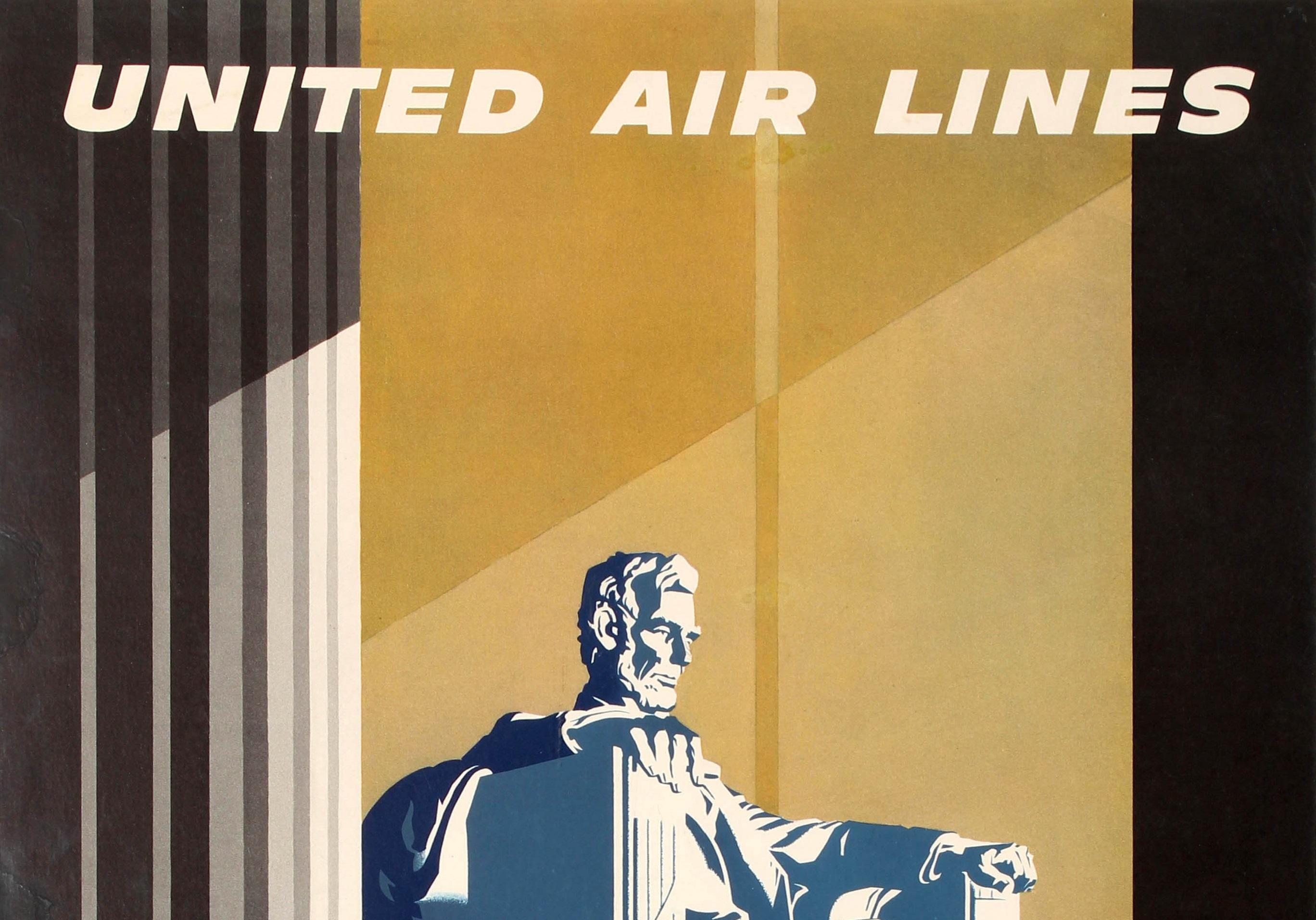 Original vintage travel poster for United Air Lines Washington D.C. Great artwork by Joseph Binder (1898-1972) featuring sunlight shining through the Lincoln Memorial pillars on the American politician Abraham Lincoln (1809-1865; President of the