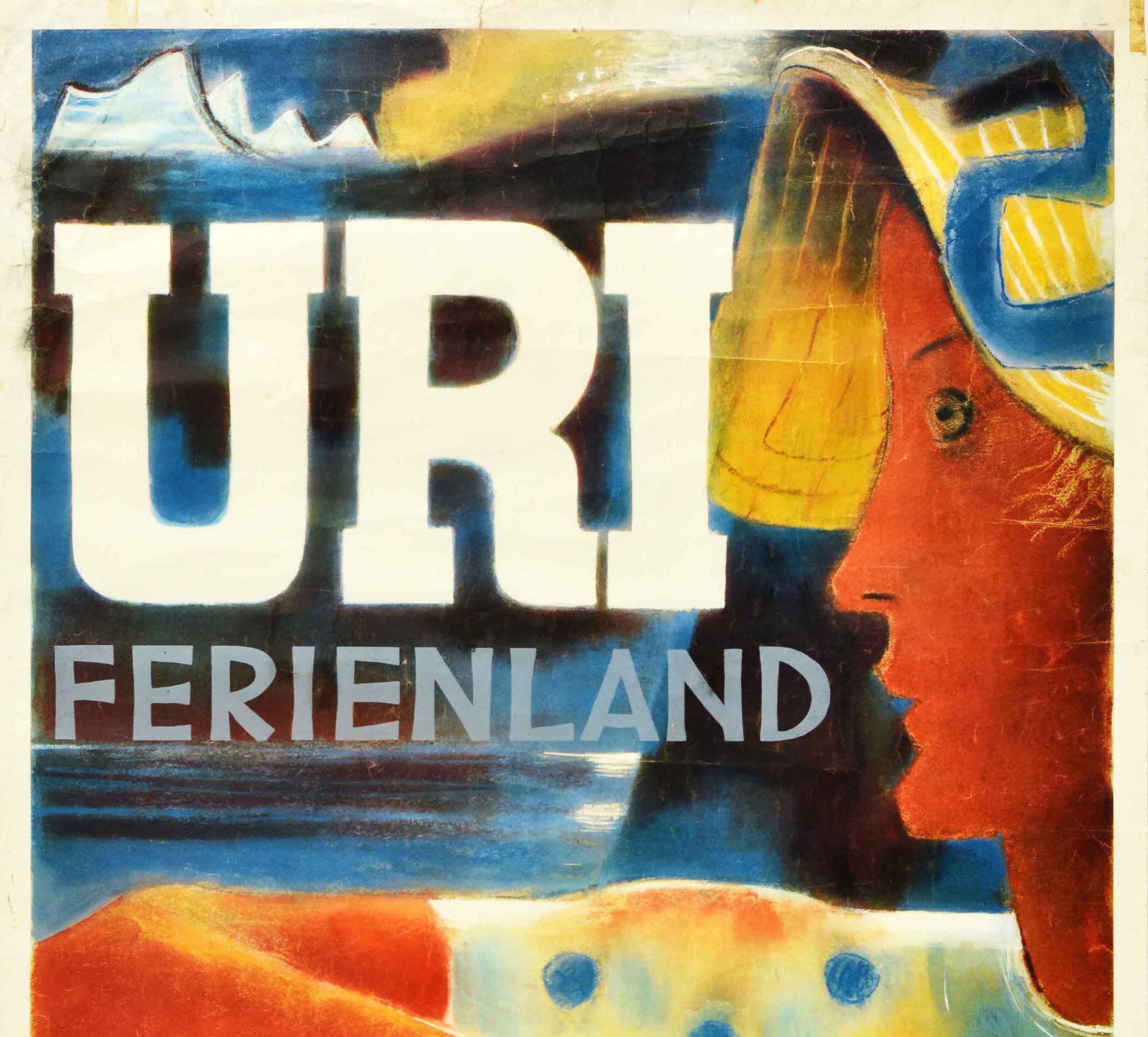 Original vintage travel poster for Uri Ferienland / Holiday Land featuring artwork by Heinrich Danioth (1896-1953) depicting a lady wearing a sun hat and holding a Swiss flag while leaning on a decorative fence with a view over a lake towards snow