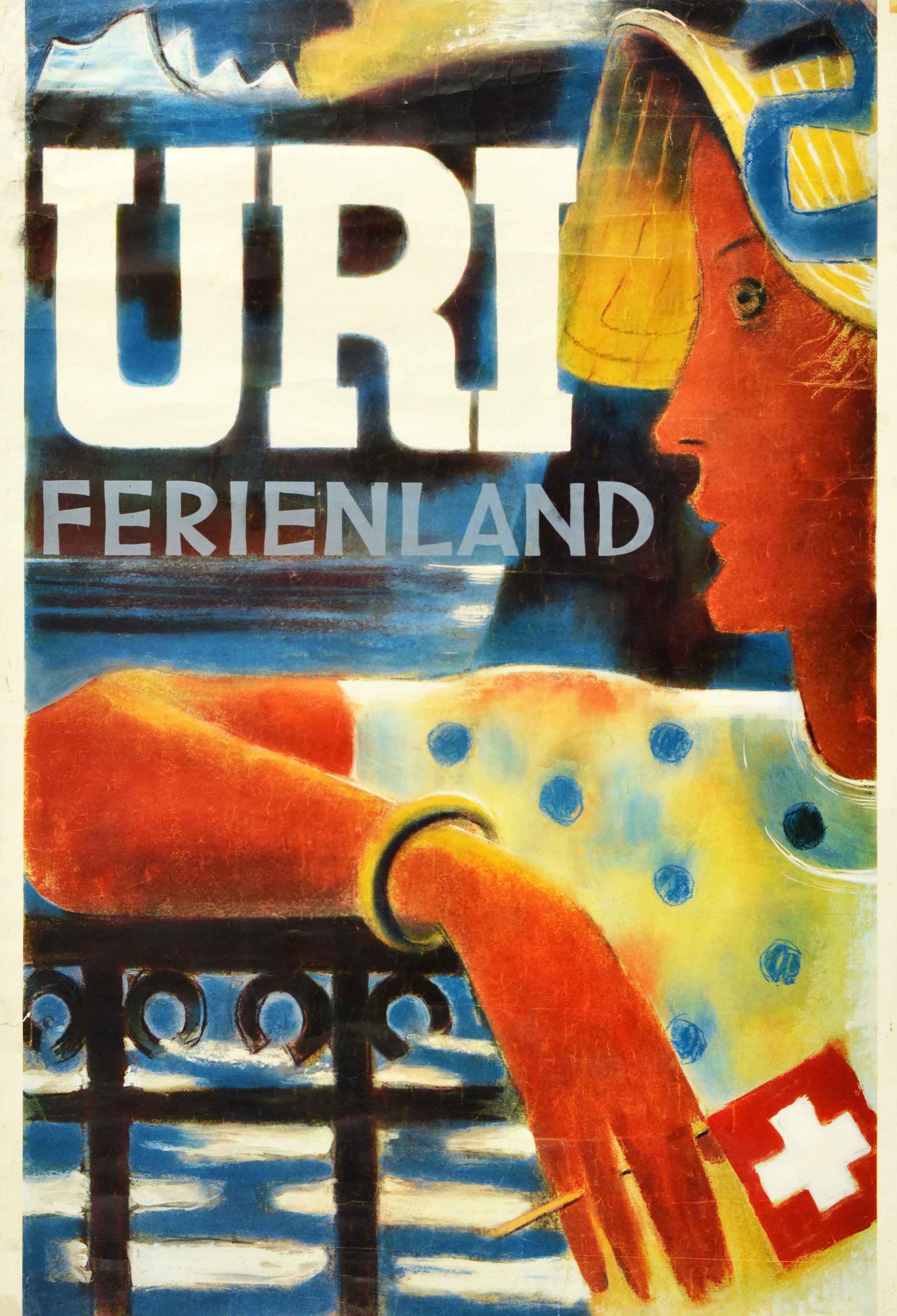 Swiss Original Vintage Travel Poster Uri Switzerland Ferienland Holiday Land Lake View