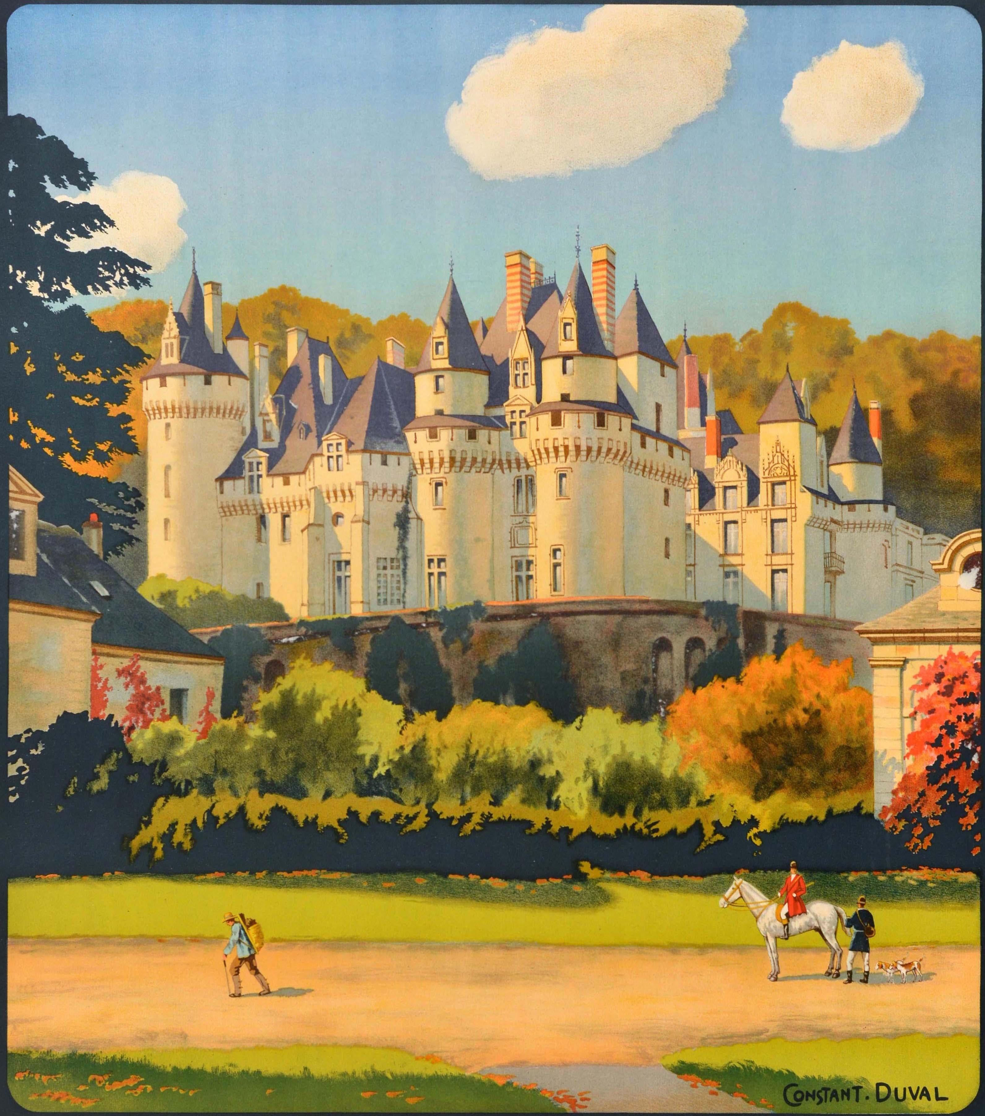 Poster pubblicitario d'epoca delle Ferrovie Francesi per i castelli della Valle della Loira e i tour in auto - Chemins de Fer de Paris a Orleans Usse Les Chateaux de la Loire Circuits Automobiles - con una splendida veduta di Constant Duval (1877-