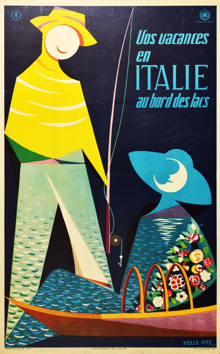 Original vintage travel poster published by the Italian Tourism Board ENIT - Vos vacances en Italie au bord des lacs / Your holidays in Italy by the lakes - featuring great artwork of two silhouettes, a man with a smiling sun for a face and green