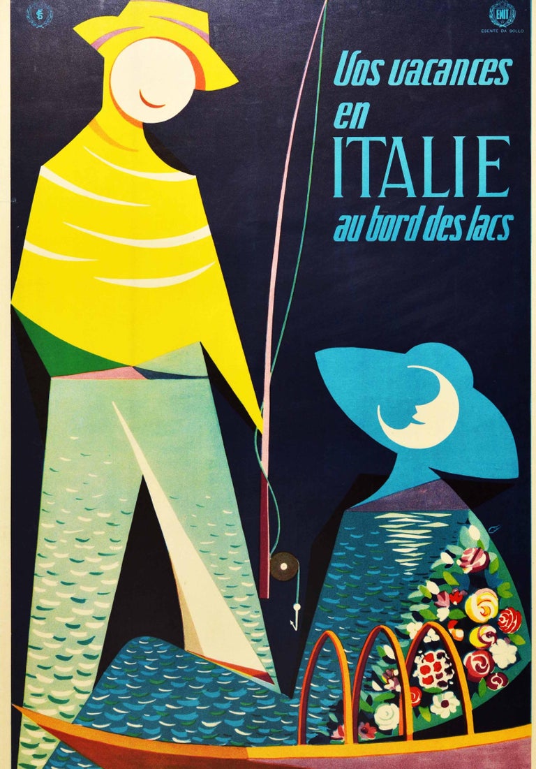Mid-20th Century Original Vintage Travel Poster Vacances Italie Lake Holiday Italy Fishing Boat For Sale