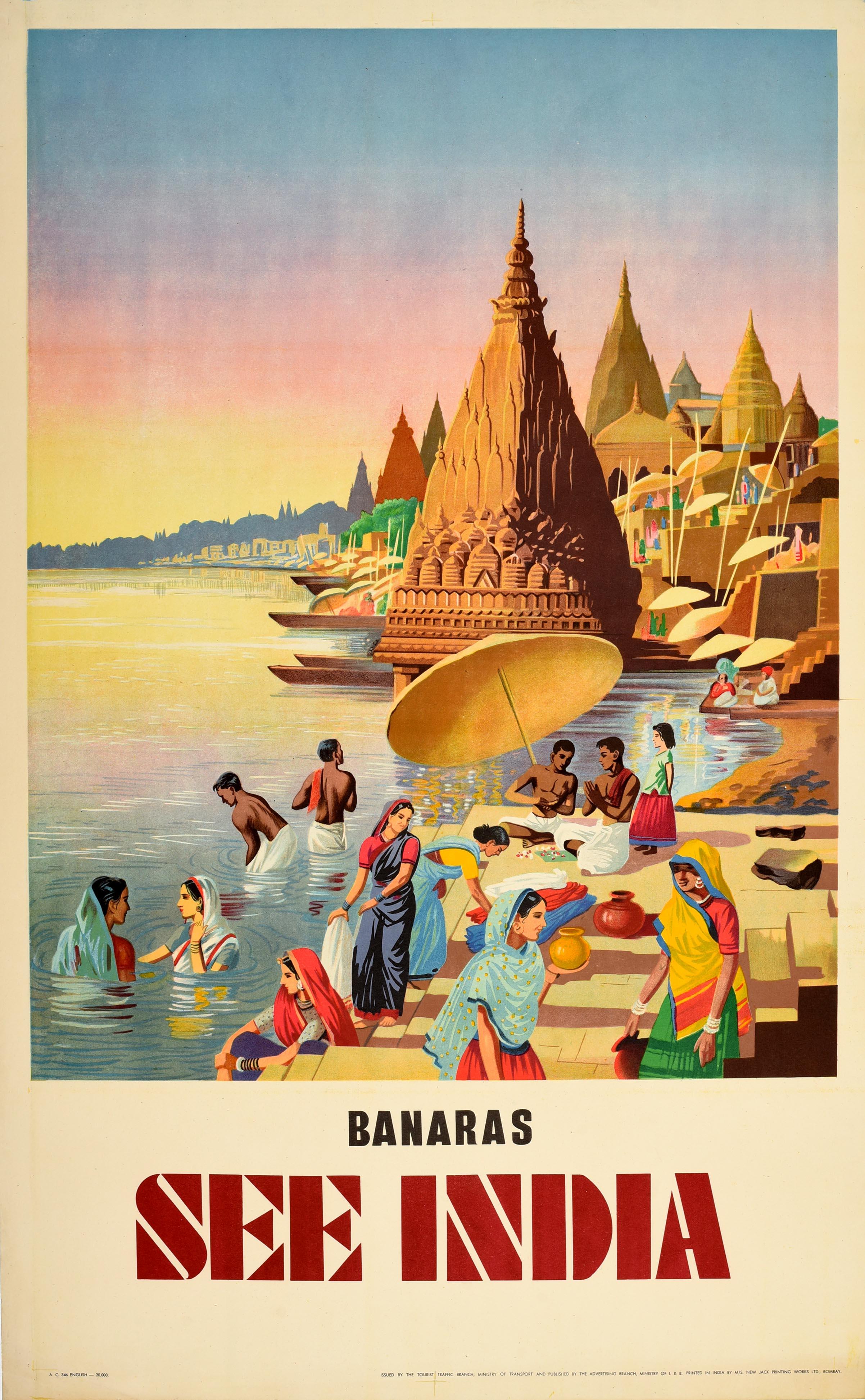 Original vintage travel poster for Varanasi / Banaras See India featuring a colourful image of men and ladies wearing traditional clothing and sari dresses, some holding umbrellas against the sun and some bathing in the river on the ghats /