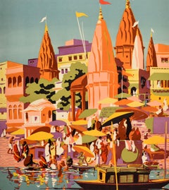 Original Vintage Travel Poster Varanasi Banaras Uttar Pradesh Ganges India Hindu
