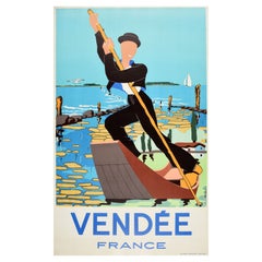 Original-Vintage-Reiseplakat Vendee France, Gondola-Flugzeug, Segeln, Atlantikkste