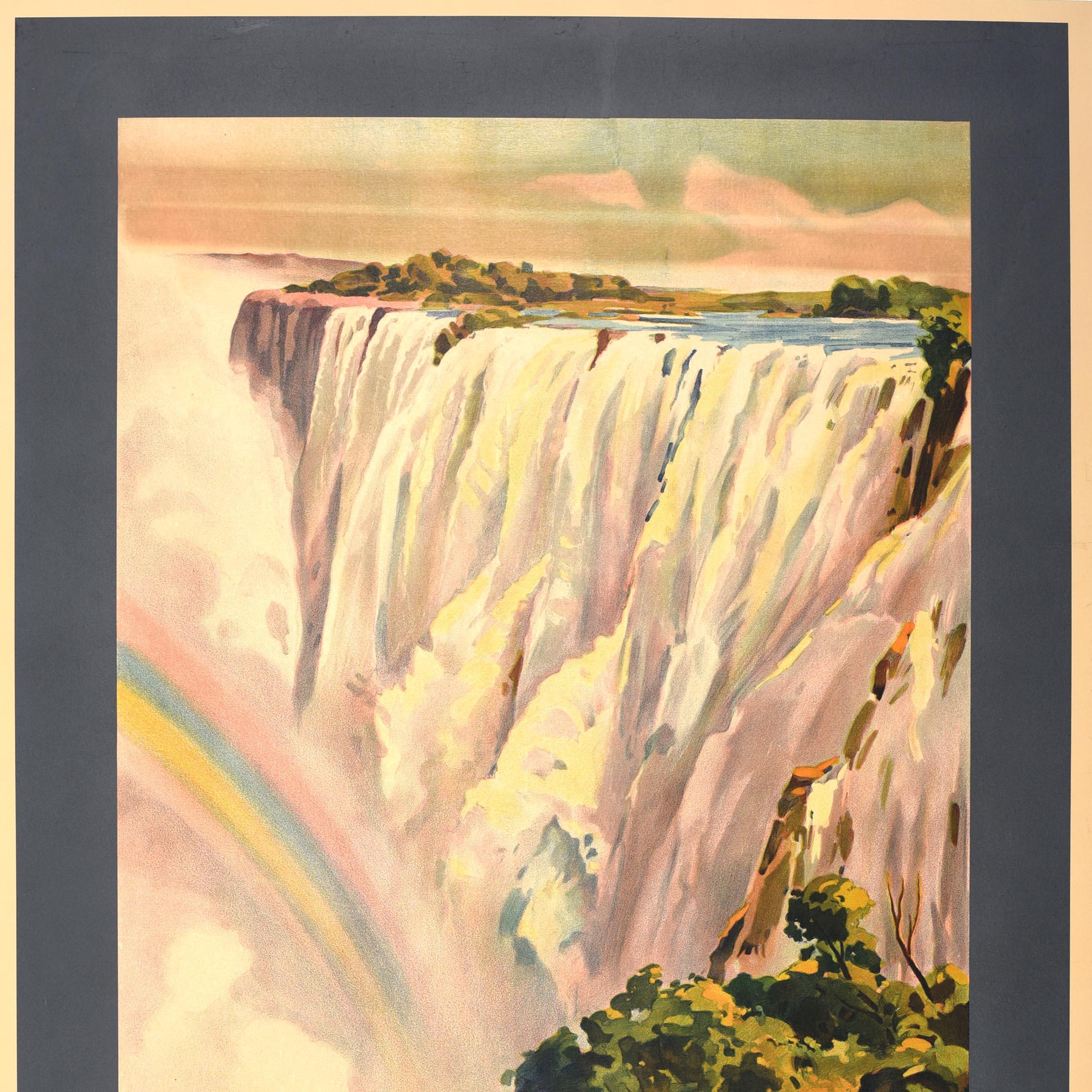 British Original Vintage Travel Poster Victoria Falls Waterfall Southern Rhodesia Africa For Sale