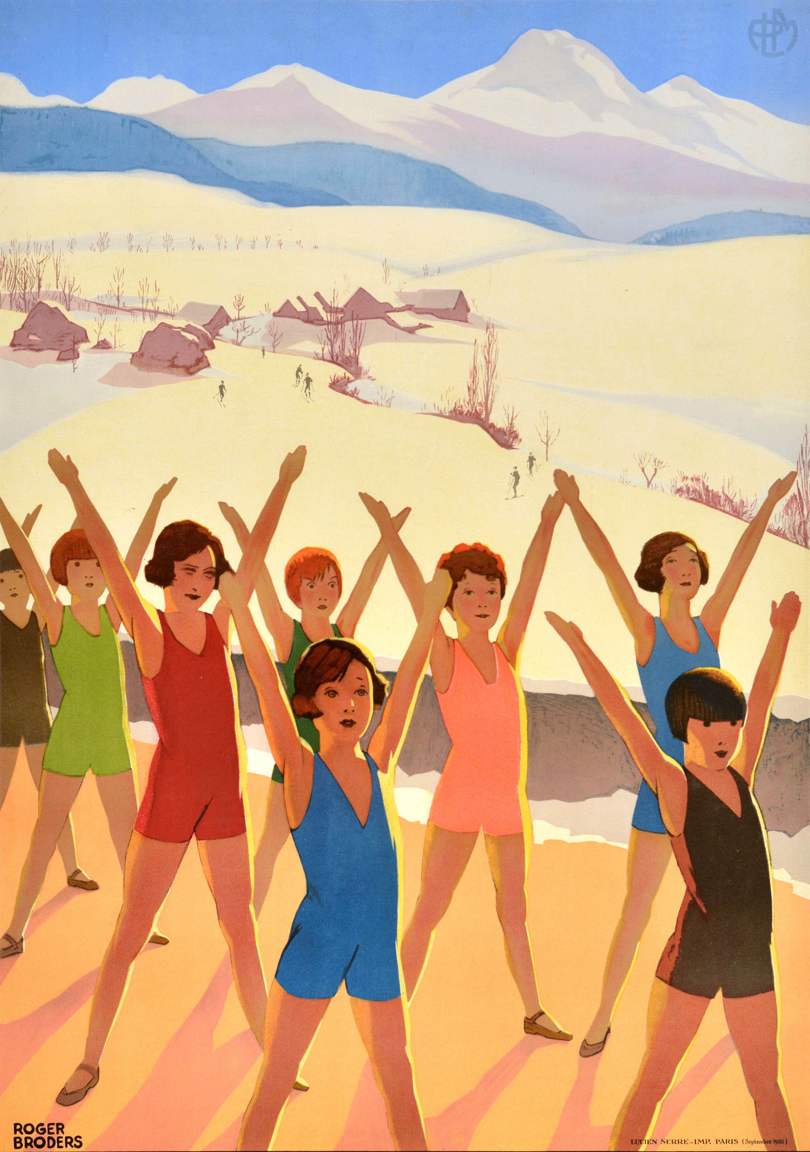 Affiche de voyage originale pour Villard de Lans Children's Paradise / Le Paradis Des Enfants, présentant un superbe dessin Art Deco du célèbre artiste français Roger Broders (1883-1953) représentant un groupe d'enfants en tenues colorées étirant