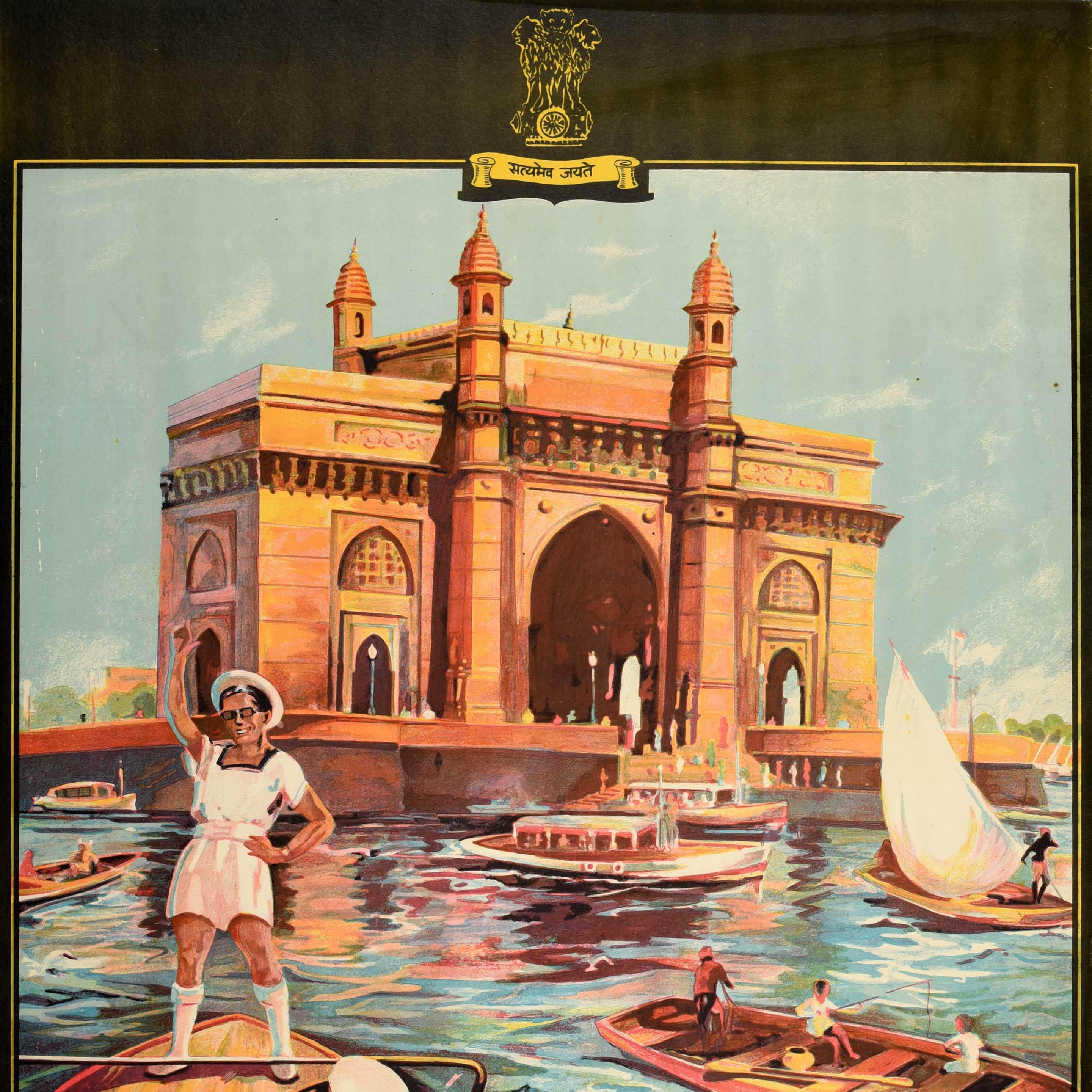 Indian Original Vintage Travel Poster Visit Bombay Pleasure Business Mumbai India For Sale