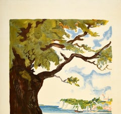 Original Vintage Travel Poster Visit Denmark Coast Beach Swimming Sailing Boat