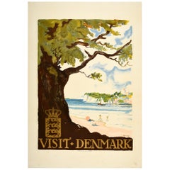 Original Vintage Travel Poster Visit Denmark Coast Beach Swimming Sailing Boat