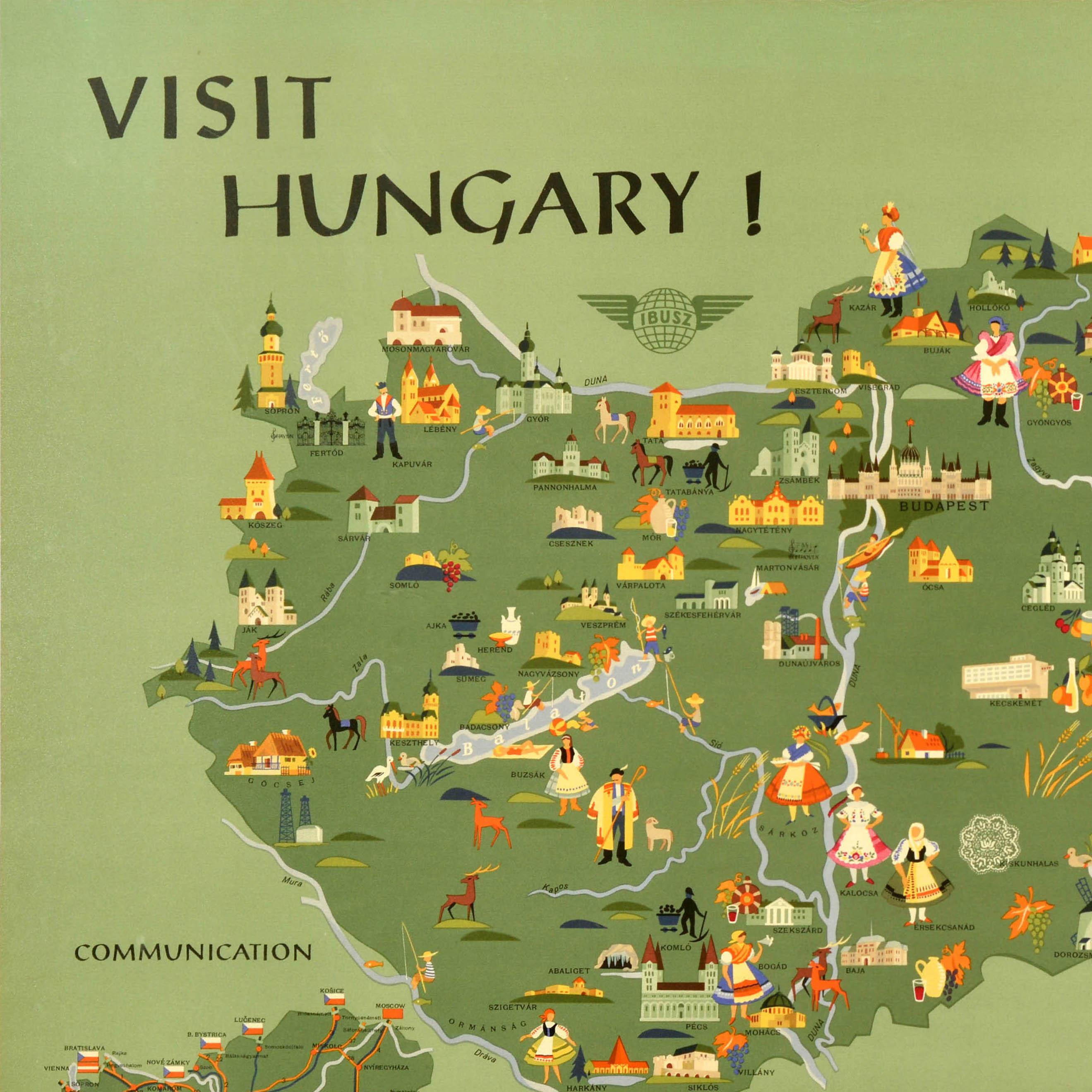Original vintage travel poster - Visit Hungary! - featuring a pictorial map of the country including colourful illustrations of people in traditional dress, historic castles and other places of interest, lakes and rivers, wine and food, fishing,