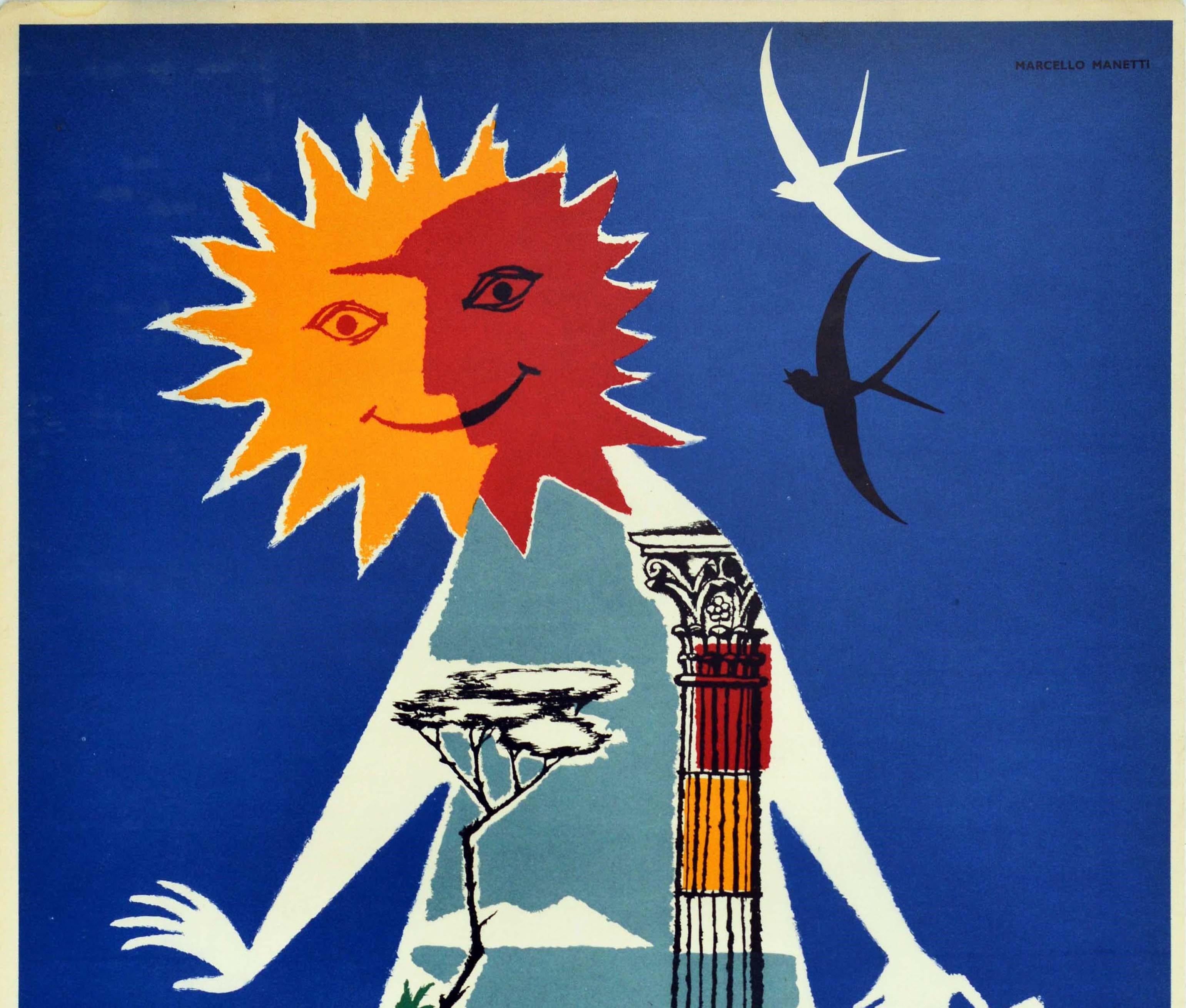 Original vintage travel poster for Italy featuring a colourful stylised mid-century design of the shape of a man walking and holding a suitcase in his hand with a smiling sun over his head as a shadow and drawings of Italy on his body including a