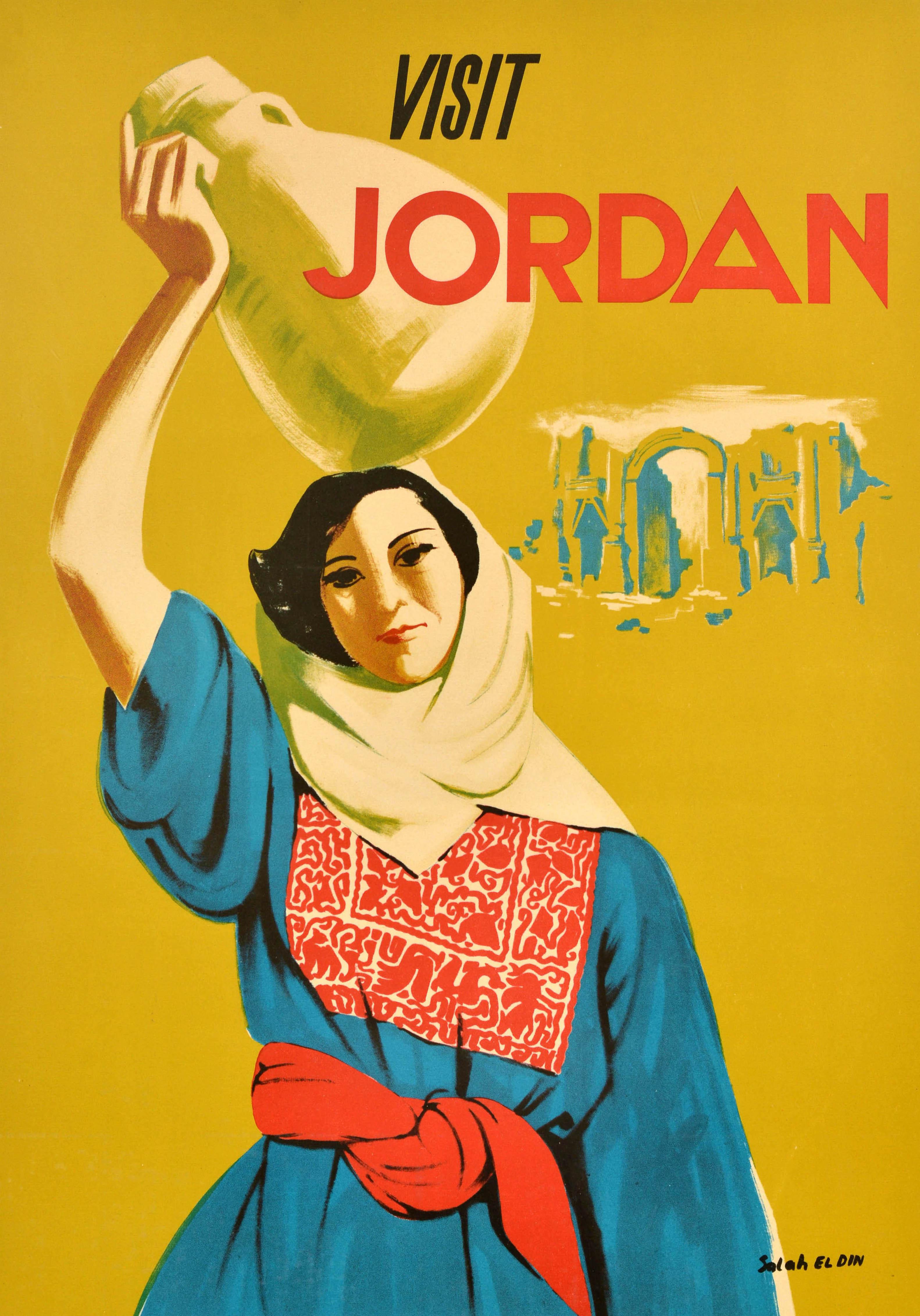 Original vintage travel poster - Visit Jordan - featuring a great illustration of a lady in traditional clothing holding a jug on her head with ancient ruins behind her, set over a mustard yellow background with the title in bold black and red