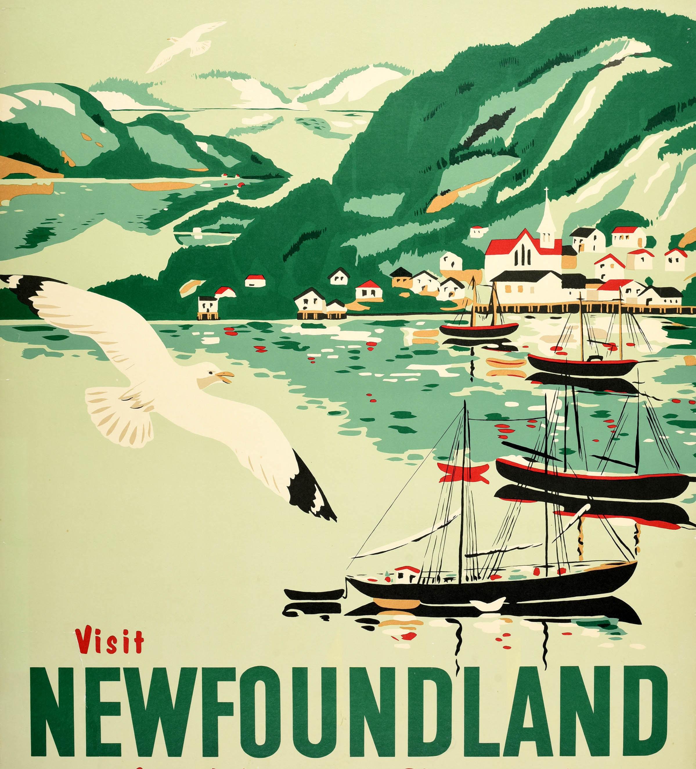 Original vintage travel poster - Visit Newfoundland Canada's Newest Playground - featuring a colourful view of sailing boats anchored in a harbour with seagulls flying overhead, a town and trees on the hills reflected on the water in the distance,